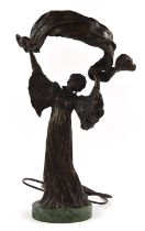 Bronze figural lamp, late 20th Century, in the form of a lady holding a billowing shawl,