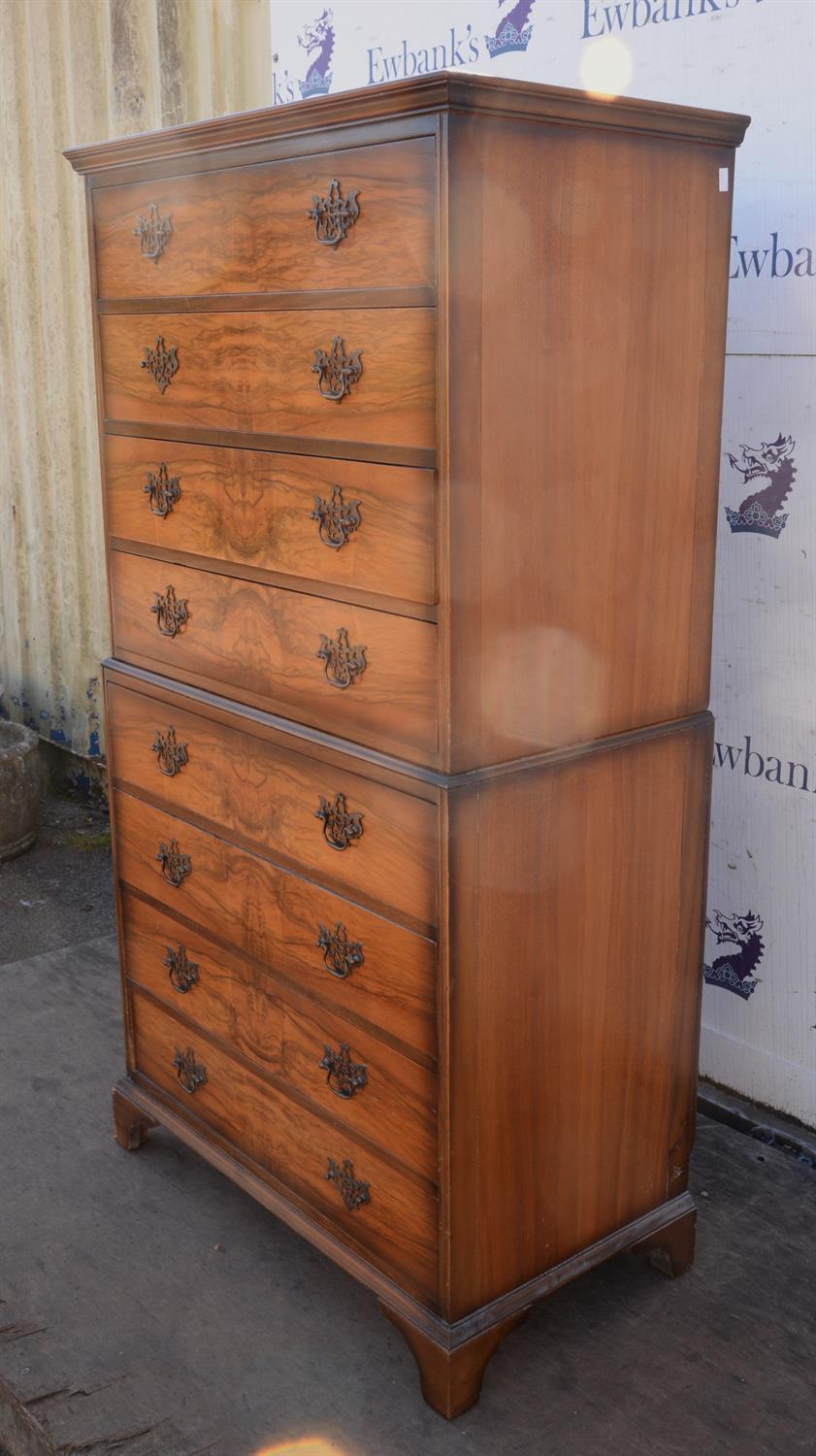 A George II style walnut chest on chest, in two parts, H 164cm, W 86cm, D 48cm - Image 2 of 3