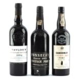 Port, Three bottles of port comprising ; 1977 Sandman vintage, 1977 Fonseca's vintage and a 2004