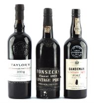 Port, Three bottles of port comprising ; 1977 Sandman vintage, 1977 Fonseca's vintage and a 2004