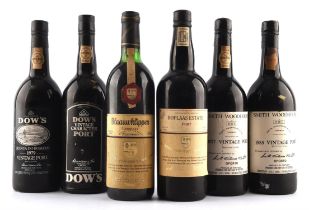 Port, Smith Woodhouse 1977, 2 bottles, Dows Quinta do Bomfim 1979, 1 bottle, Dows Vintage character,