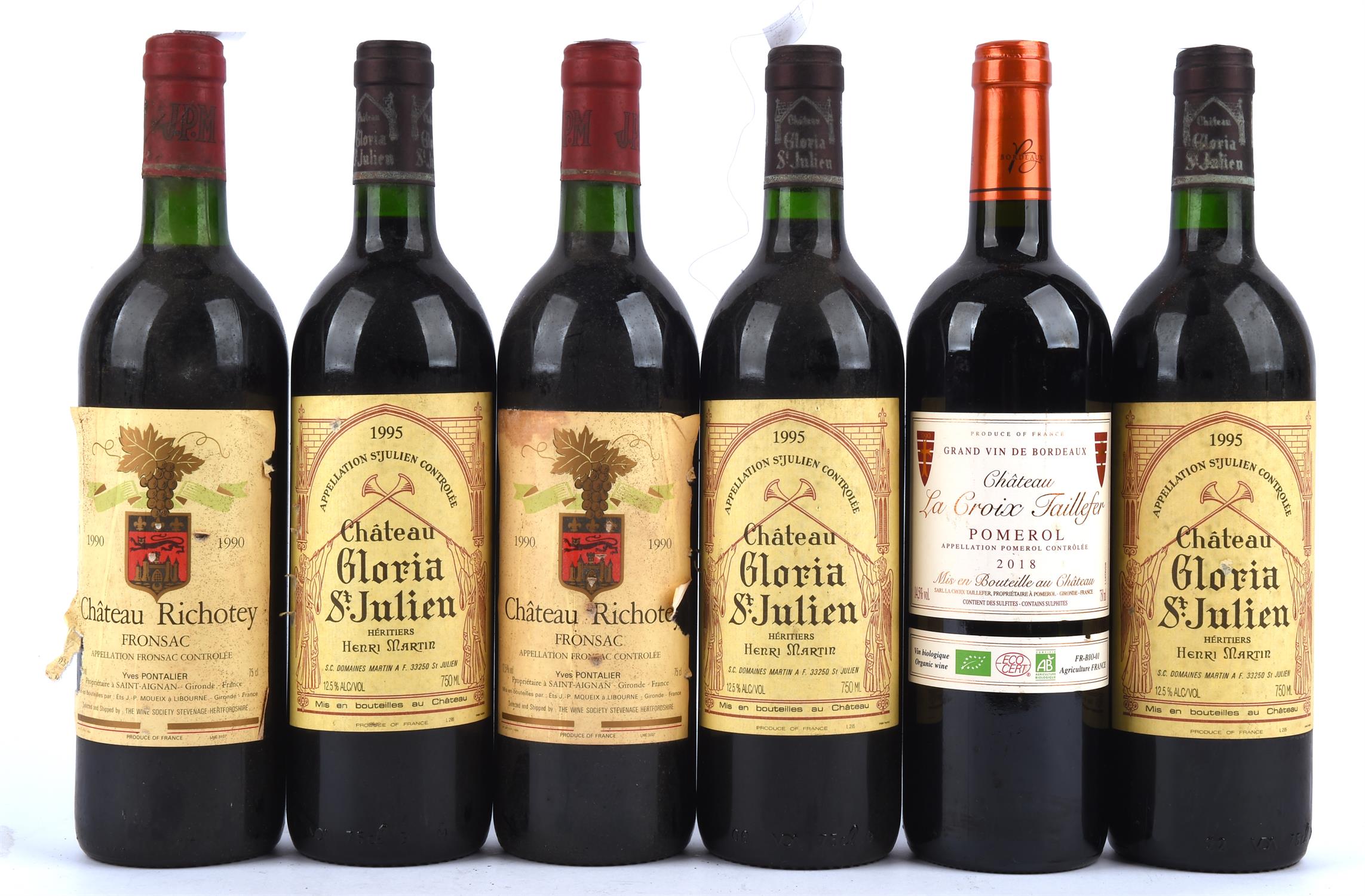 Bordeaux wines, Chateau gloria, St Julian, Henri Martin 1995, three bottles, Chateau Le Croix