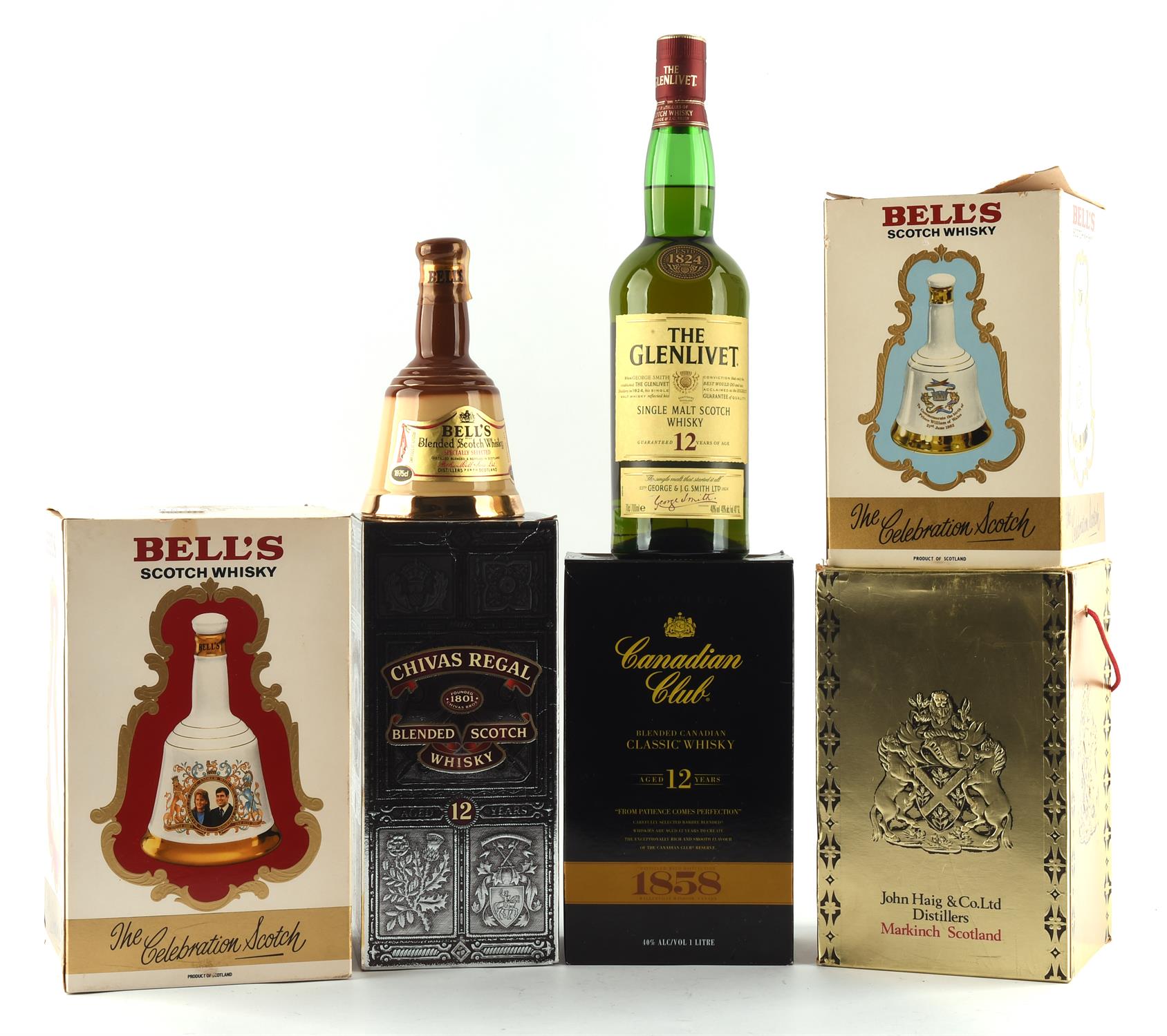 Various Scottish Whiskies, The Glenlivet, Chivas Regal, Canadian club, Dimple Haig,