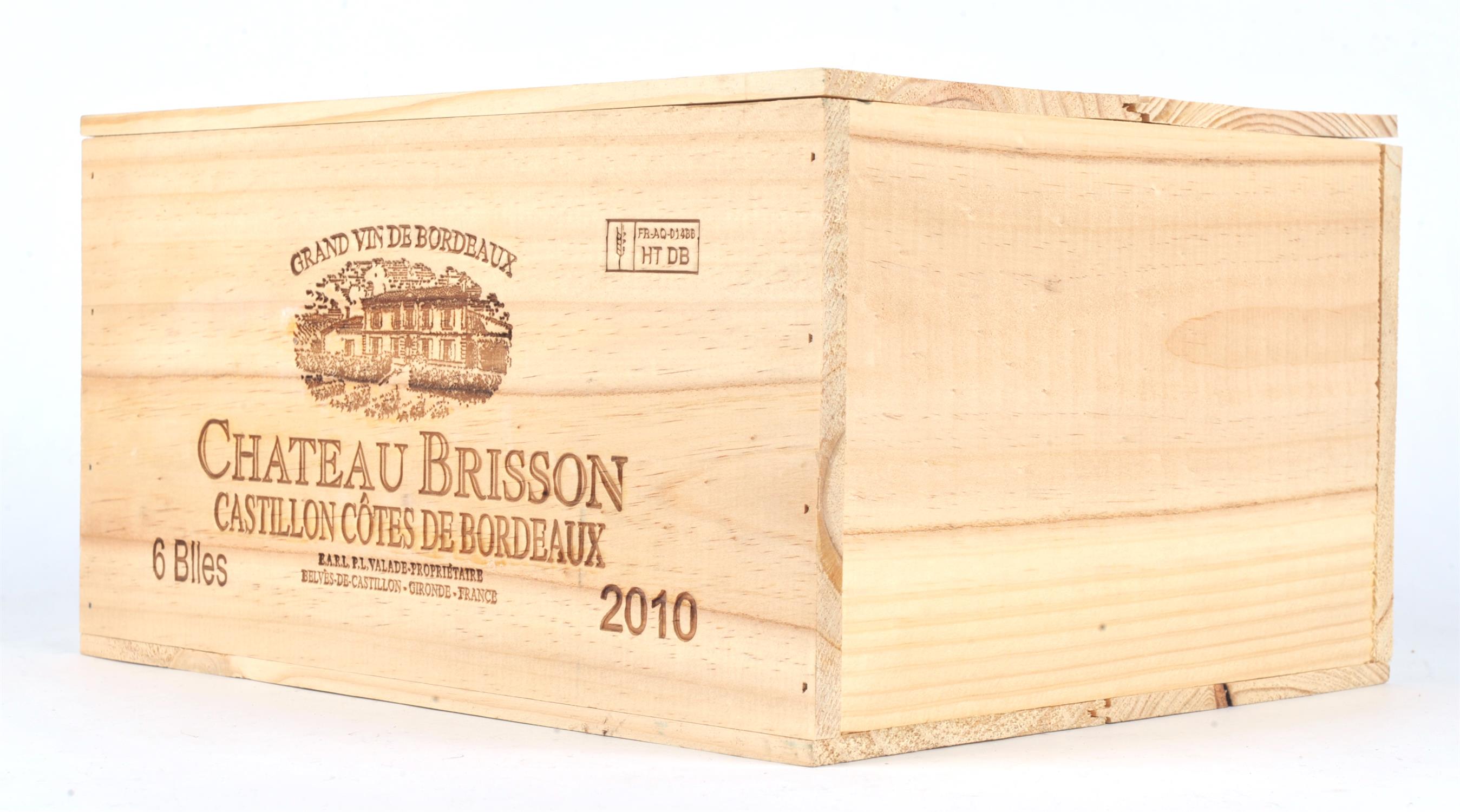 Bordeaux wines, Chateau Brisson, Castillon Cotes de Bordeaux 2010, six bottles, in OWC (6) Note: