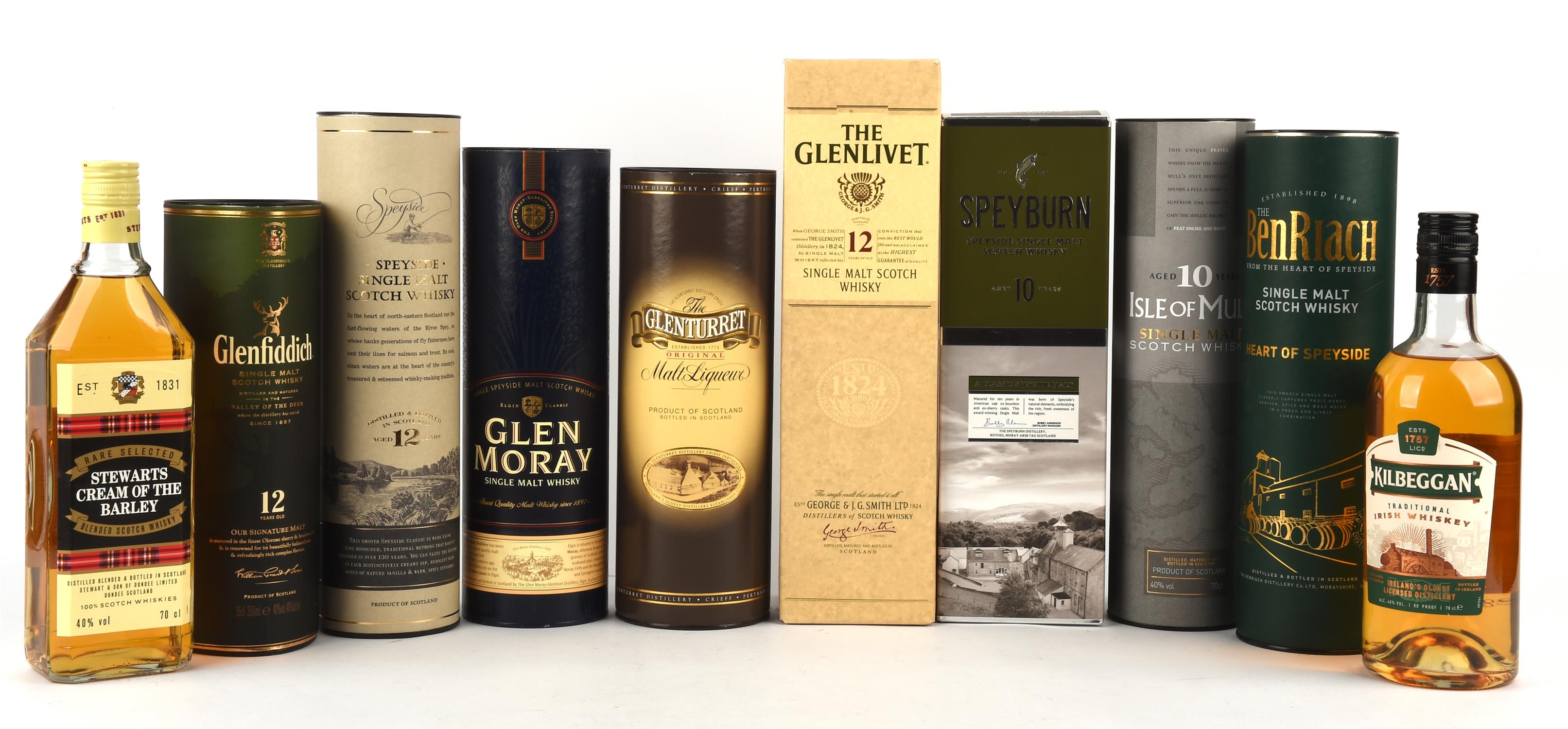 Whiskey, Cardhu 12year, Speyside 12yr (2 bottles), Glenfiddich Special Reserve, Glenfiddich 15yr,