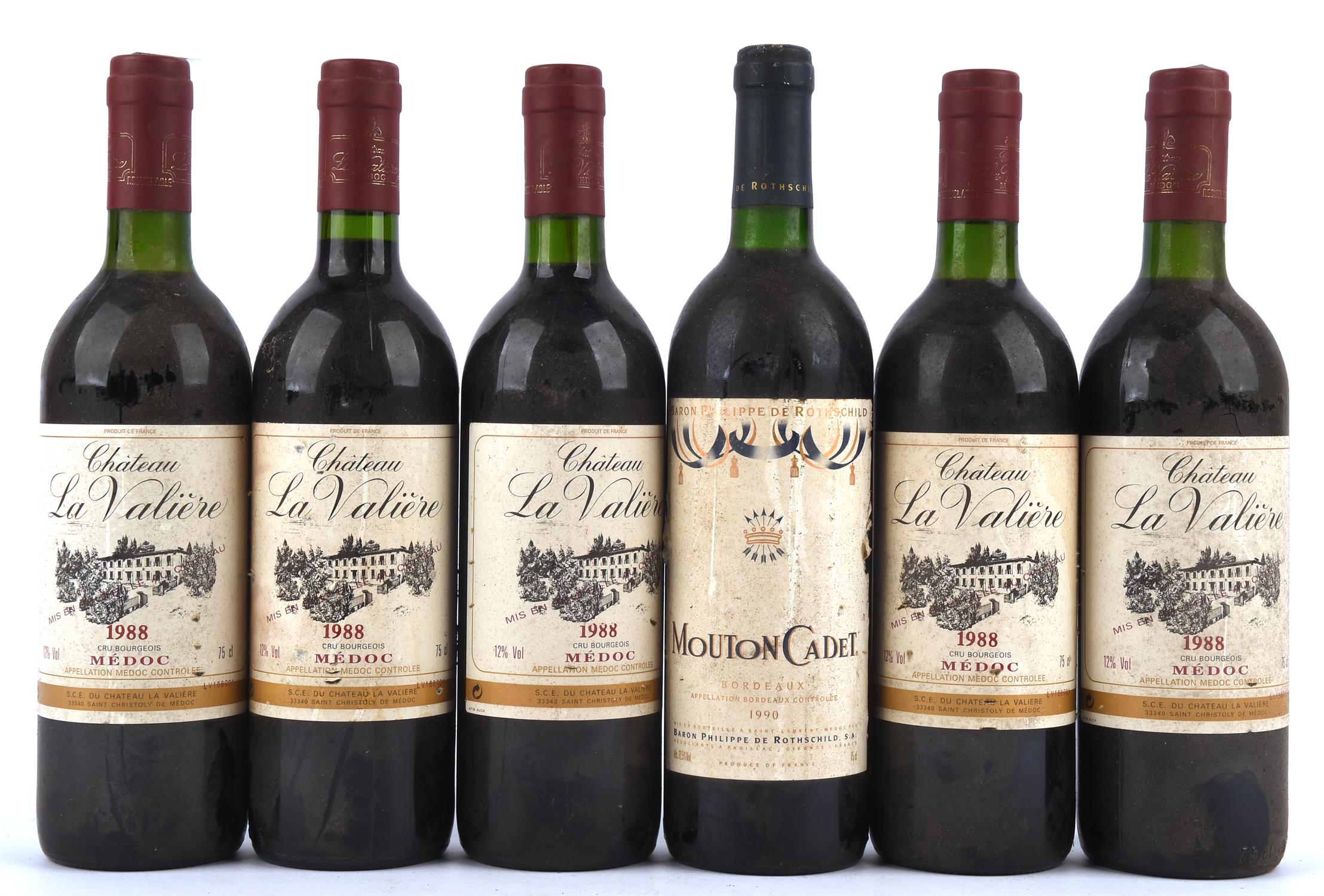 Bordeaux wines, Chateau Le Valiere, Medoc 1988, 5 bottles and Baron Phillippe 1990, one bottle (6)