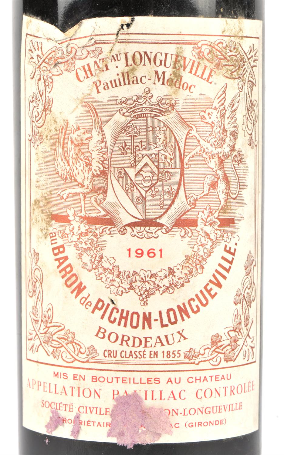 Bordeaux wine, Chateau Longueville Baron 1961 (1 bottle), ullage to mid shoulder, - Bild 2 aus 3