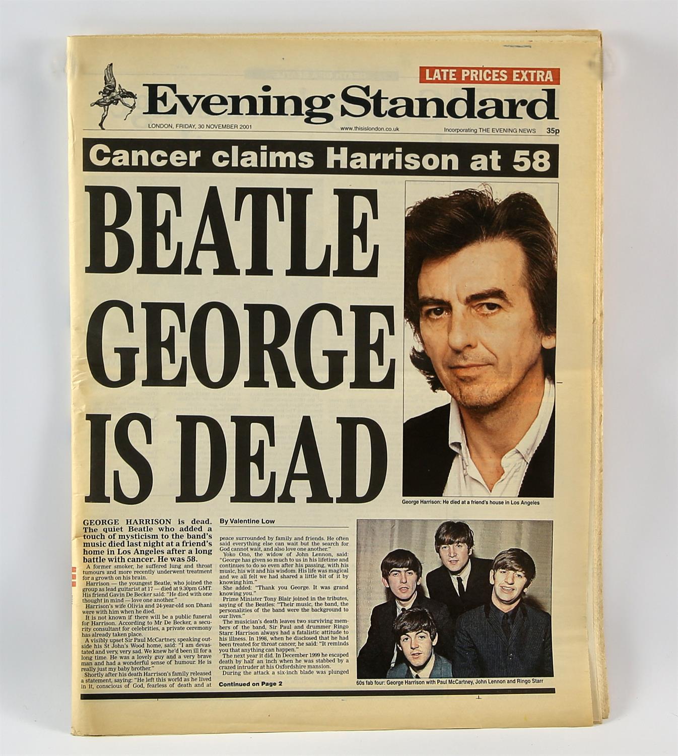 Evening Standard News Headline sheet (2001) Death of a Beatle (George Harrison), 25 by 17. - Image 2 of 2