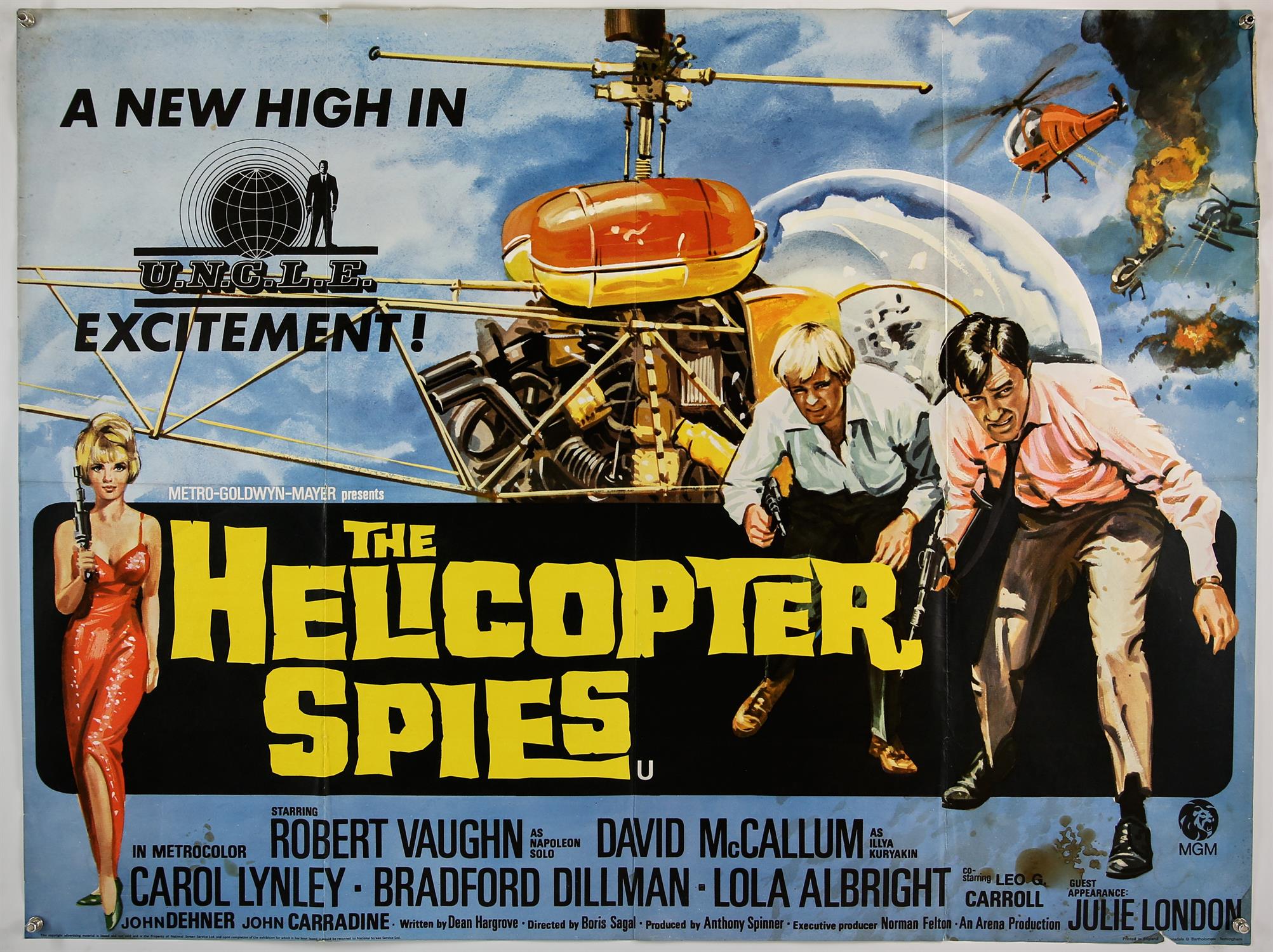 The Helicopter Spies (1968), British Quad film poster, starring Robert Vaughn and David McCallum,