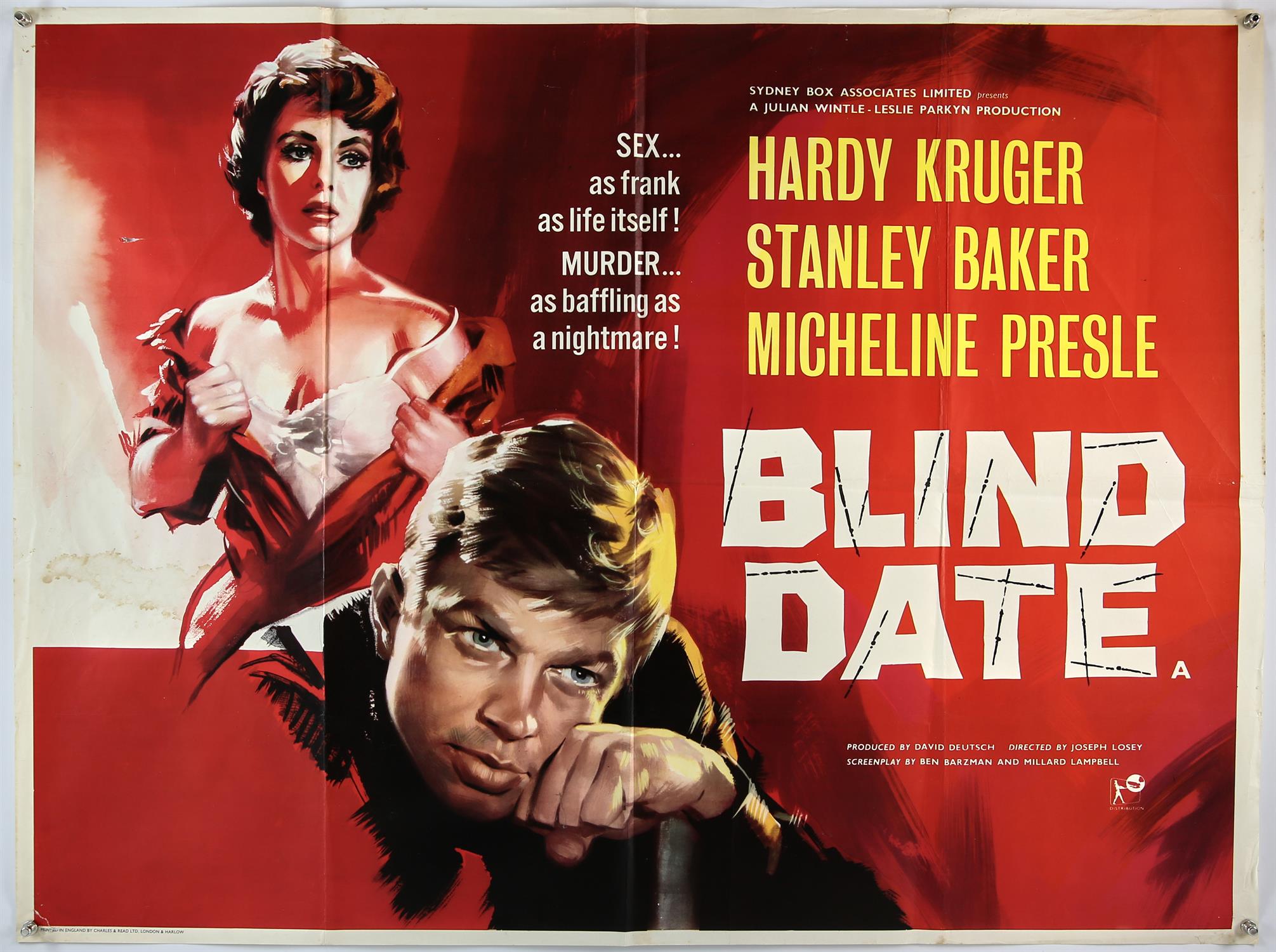 Blind Date (1959), British Quad film poster, starring Hardy Kruger, (folded), 40 x 30 inches.