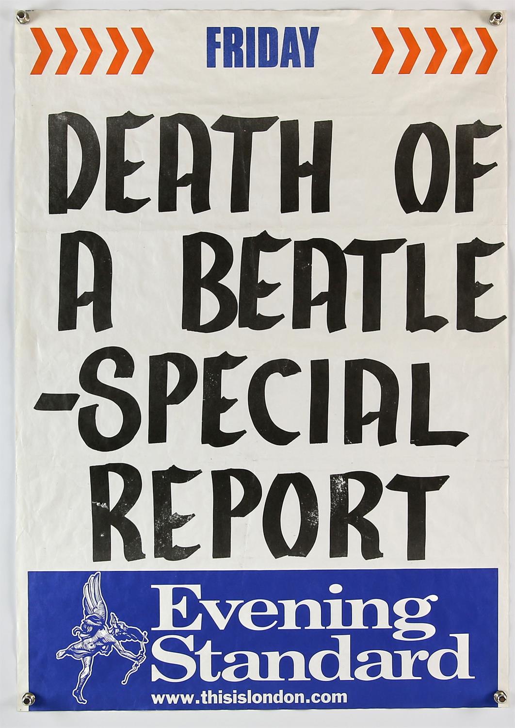 Evening Standard News Headline sheet (2001) Death of a Beatle (George Harrison), 25 by 17.