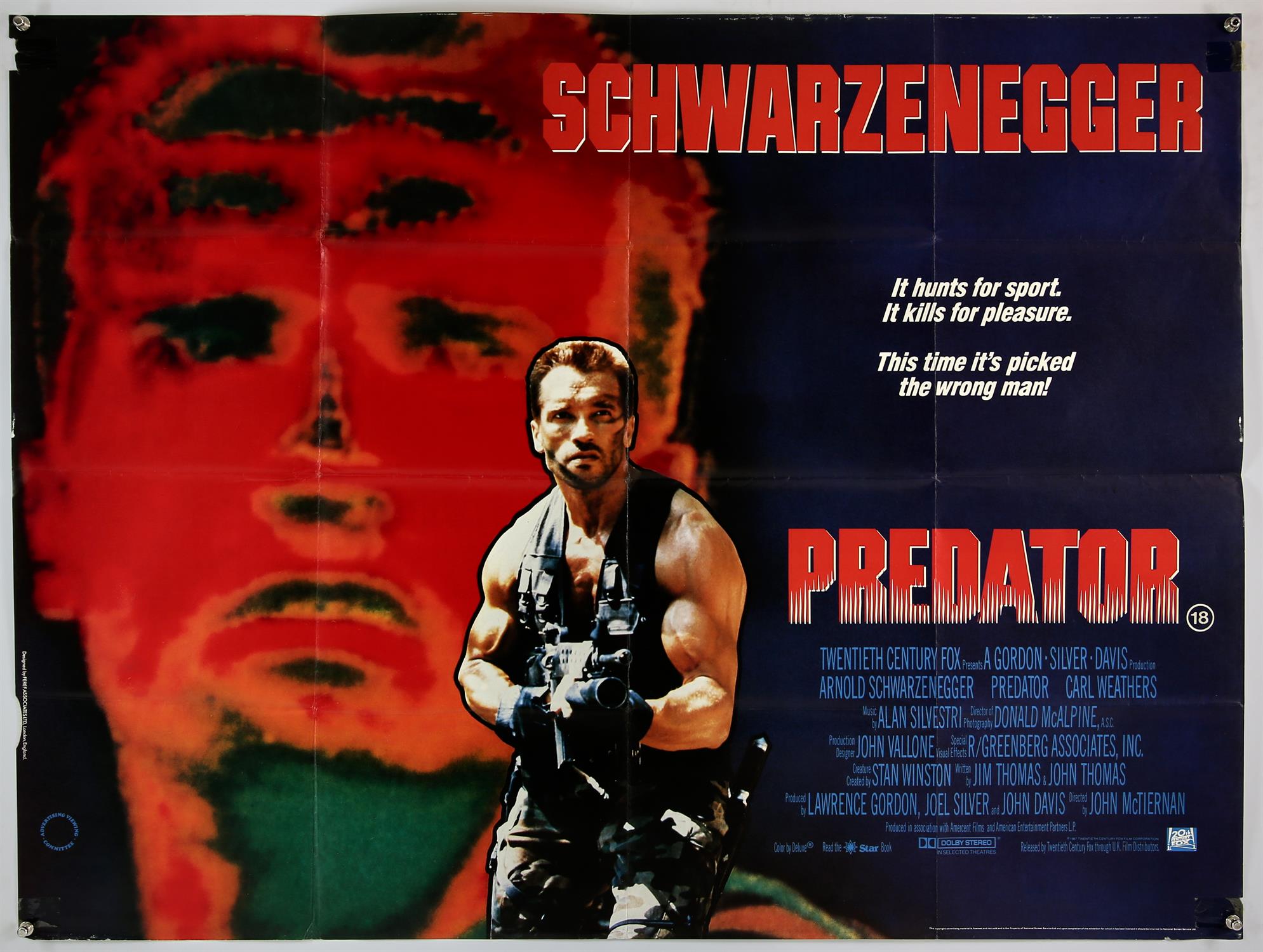 Predator (1987), British Quad film poster, starring Arnold Schwarzenegger, (folded), 40 x 30 inches.