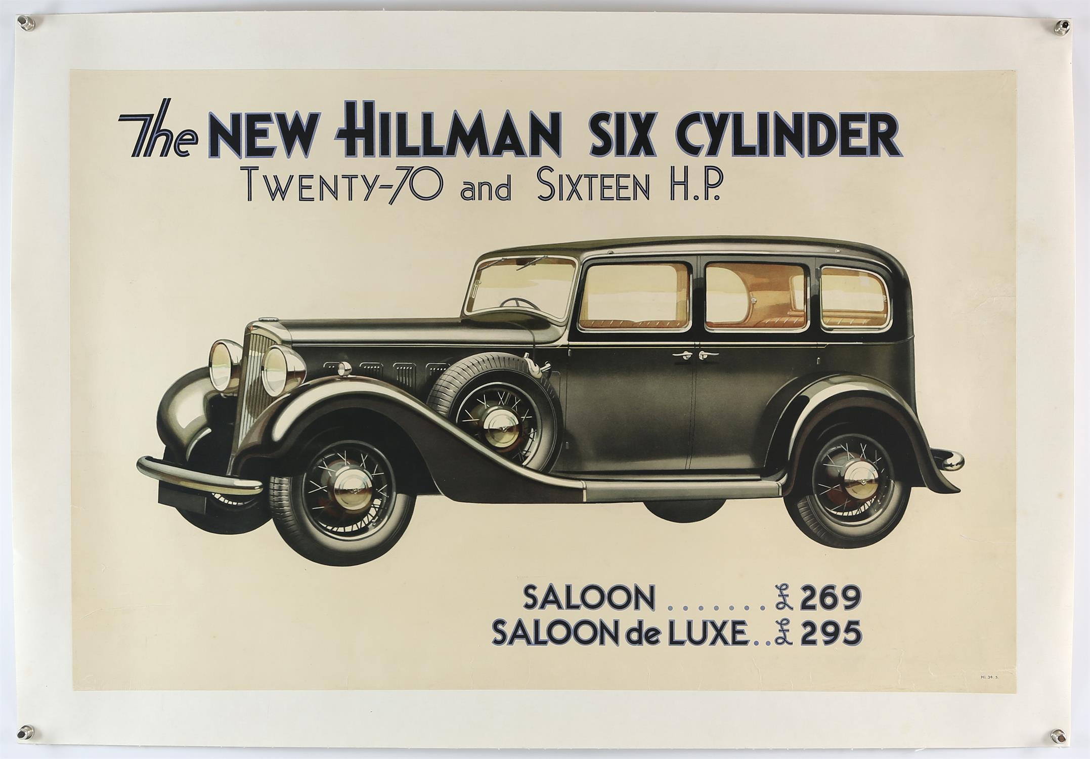 Hillman 6 cylinder - Circa 1935 original factory poster on linen approx. 39" x 19" rolled.