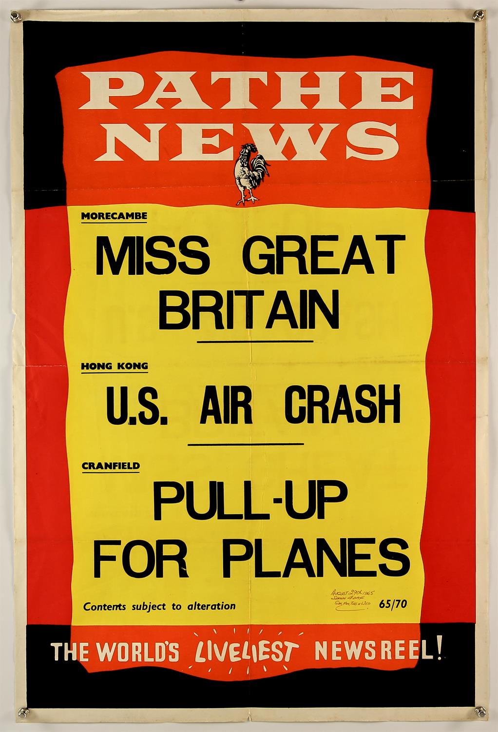 Pathe News Headline Sheet (1965) Newspaper headlines, 30 by 20 inches, folded, Miss Great Britain,