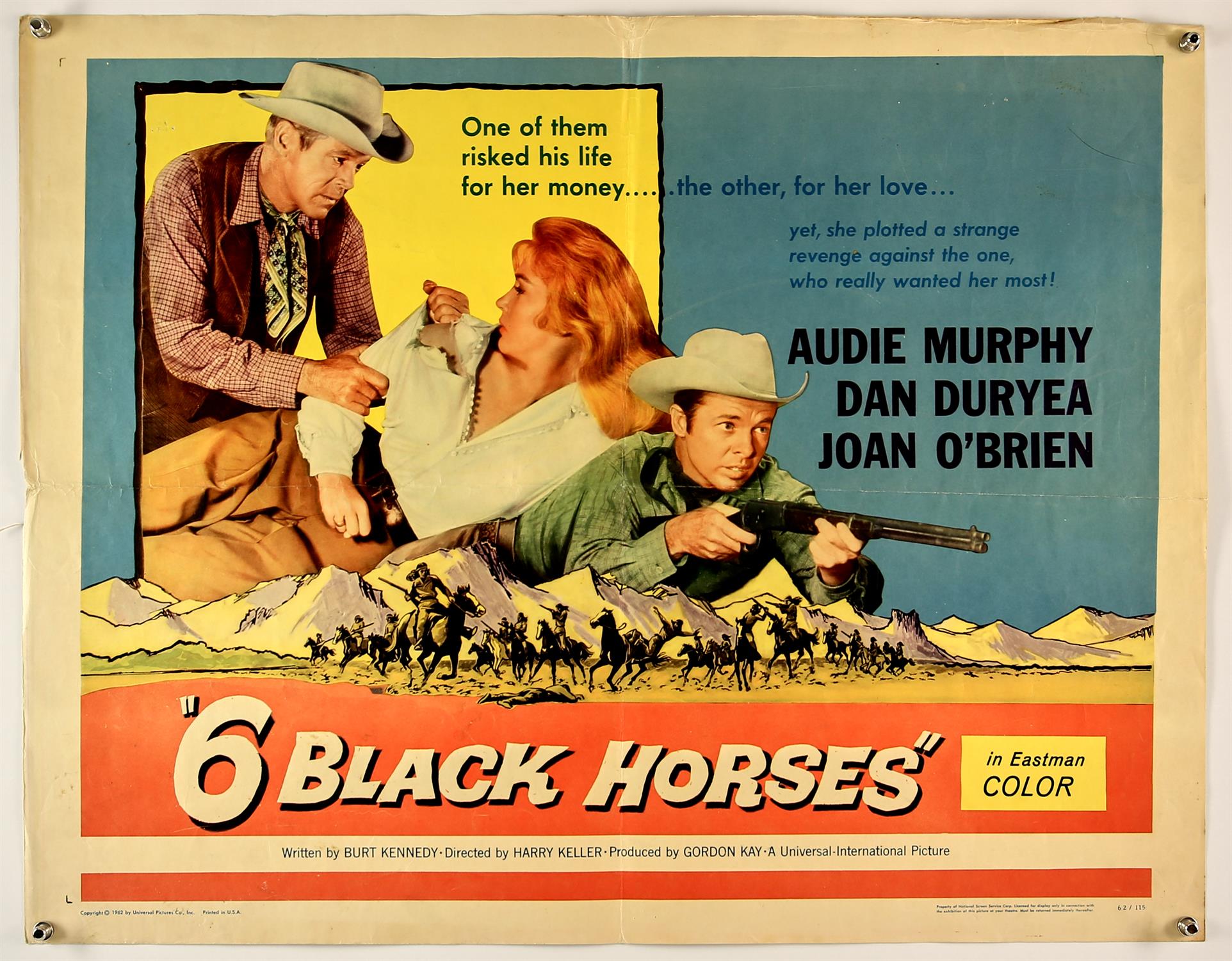6 Black Horses (1962), US Half Sheet, NSS number 62/115, folded, 28 x 22 inches. Director Harry