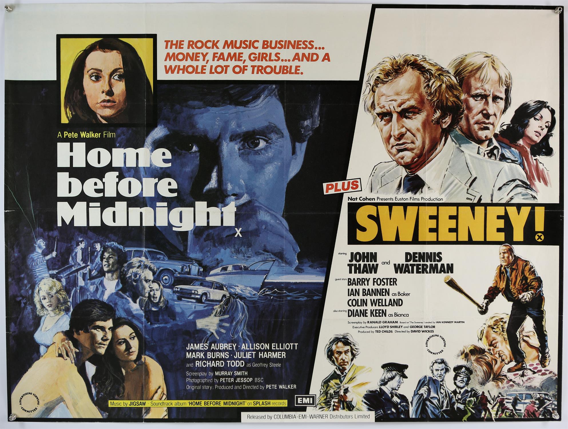 Home Before Midnight / Sweeney (1979 / 1977) British Quad film poster, was folded now rolled,