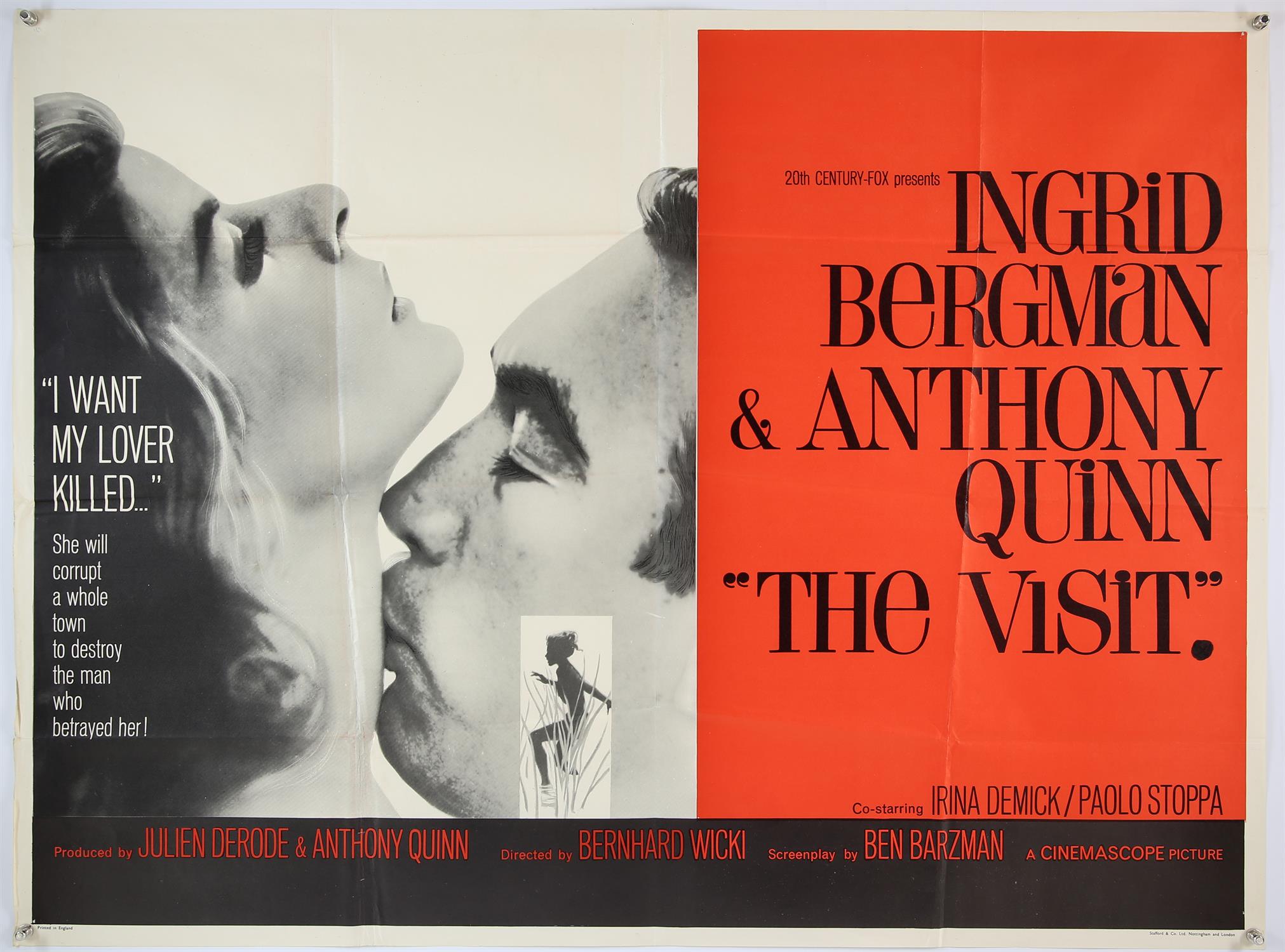 The Visit (1964) British Quad film poster, starring Ingrid Bergman and Anthony Quinn, folded,