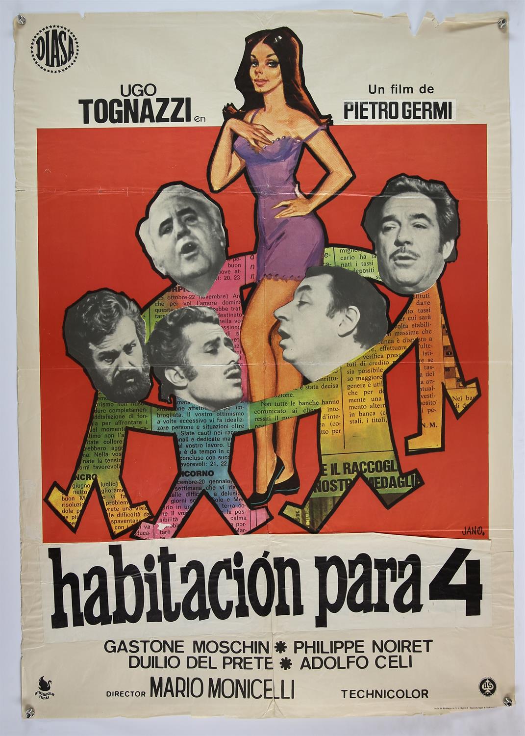 Six Spanish one sheet vintage posters including ; 'Room for 4' (1975) starring Ugo Tognazzi,