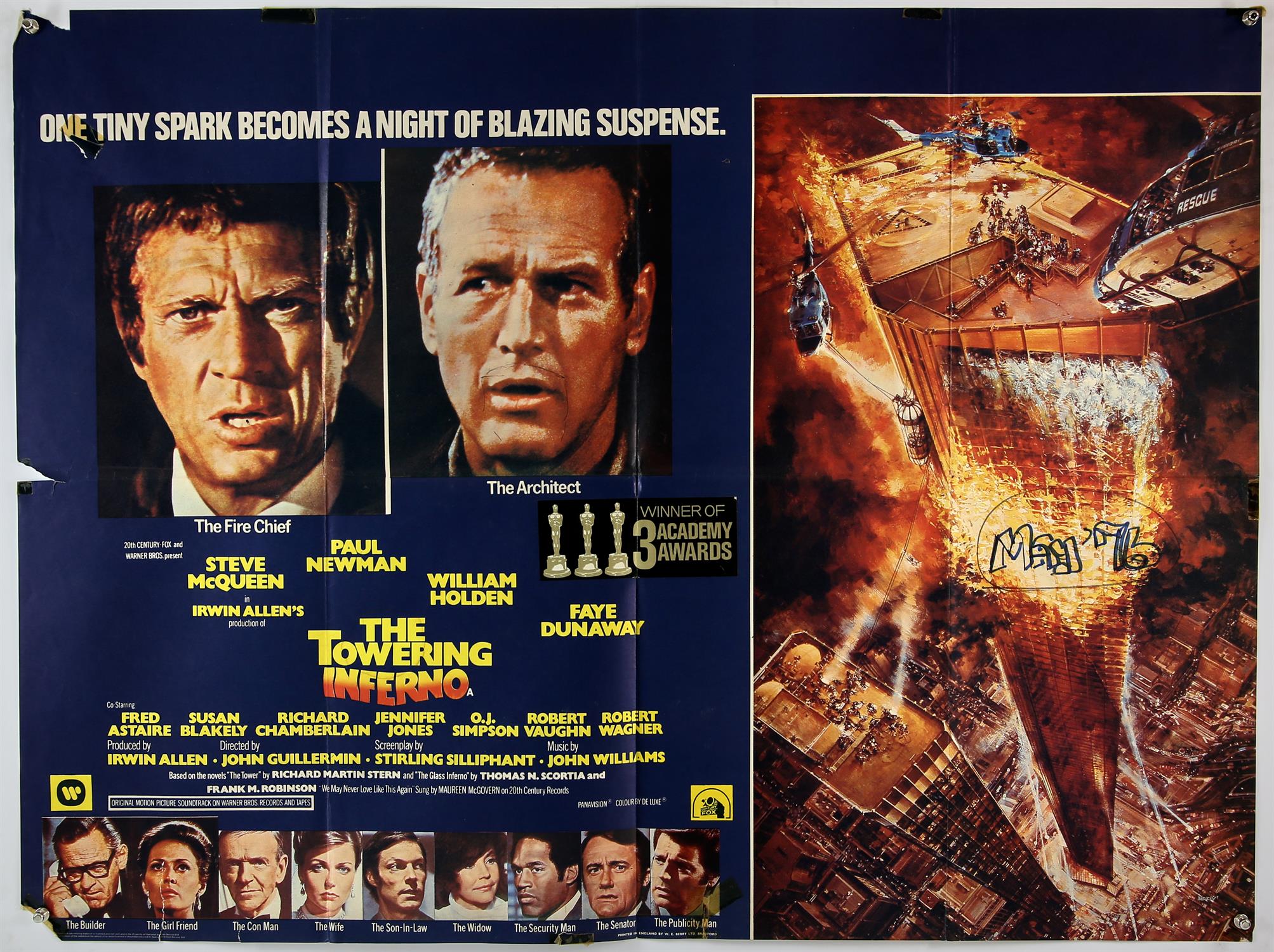 Towering Inferno (1974), British Quad film poster, starring Steve McQueen and Paul Newman, (folded),