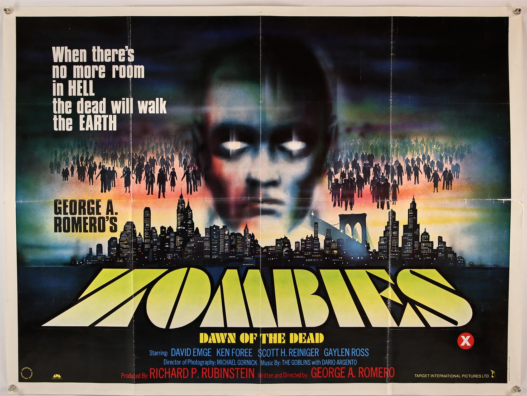 Zombies Dawn of the Dead (1978), British Quad film poster, starring David Emge, (folded),