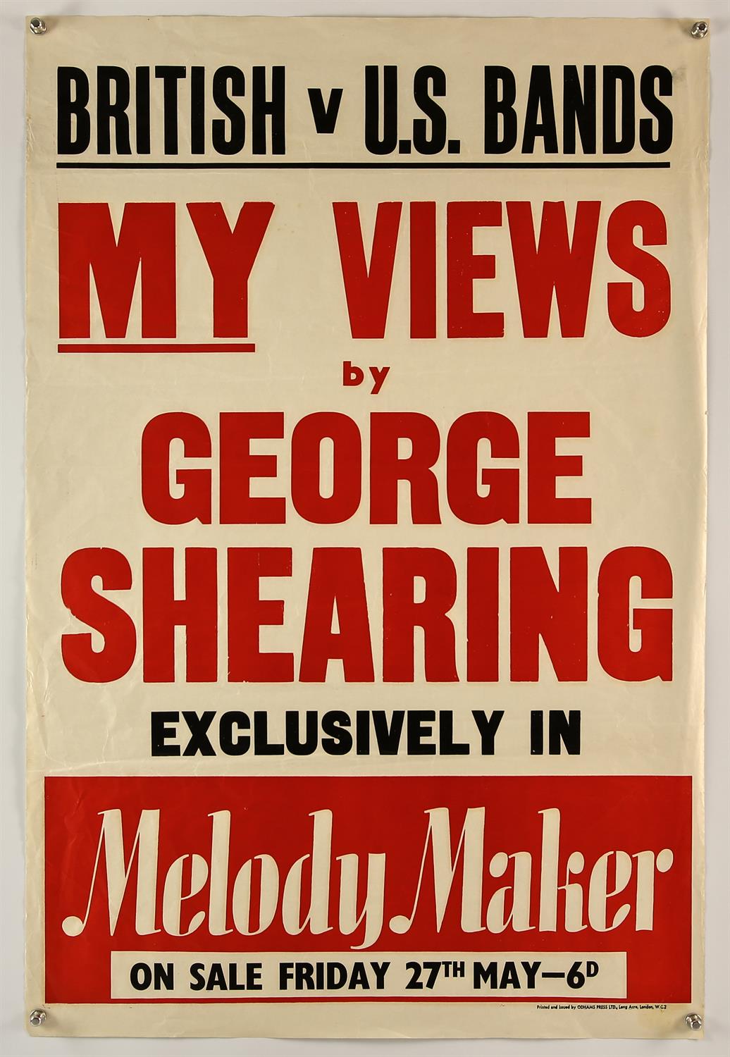 My Views By George Shearing, Melody Maker UK headline poster, undated, 30 by 20 inches approx,