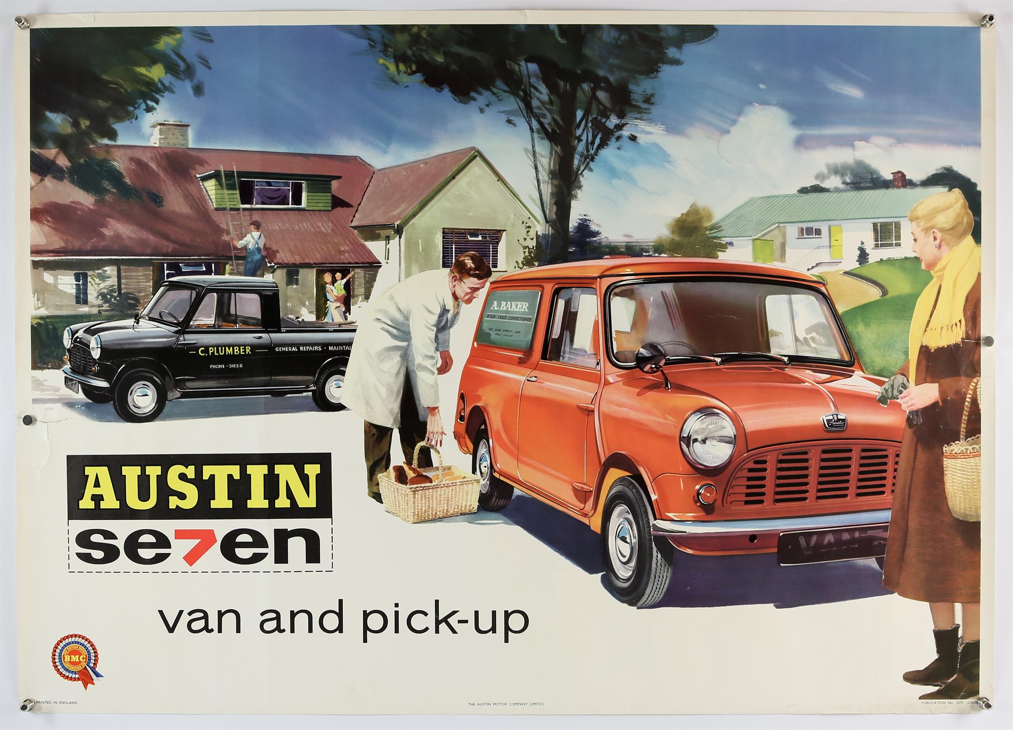 Austin Seven Mini Van and Pick up - circa 1960 original factory graphic poster, approx 35" x 28