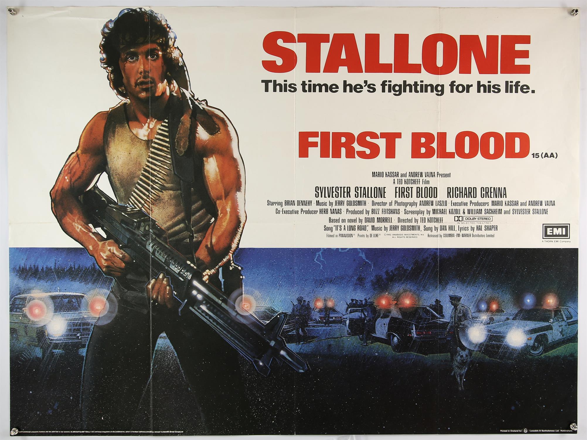 'First Blood', 1982, British quad film poster starring Sylvester Stallone and Richard Grenna.