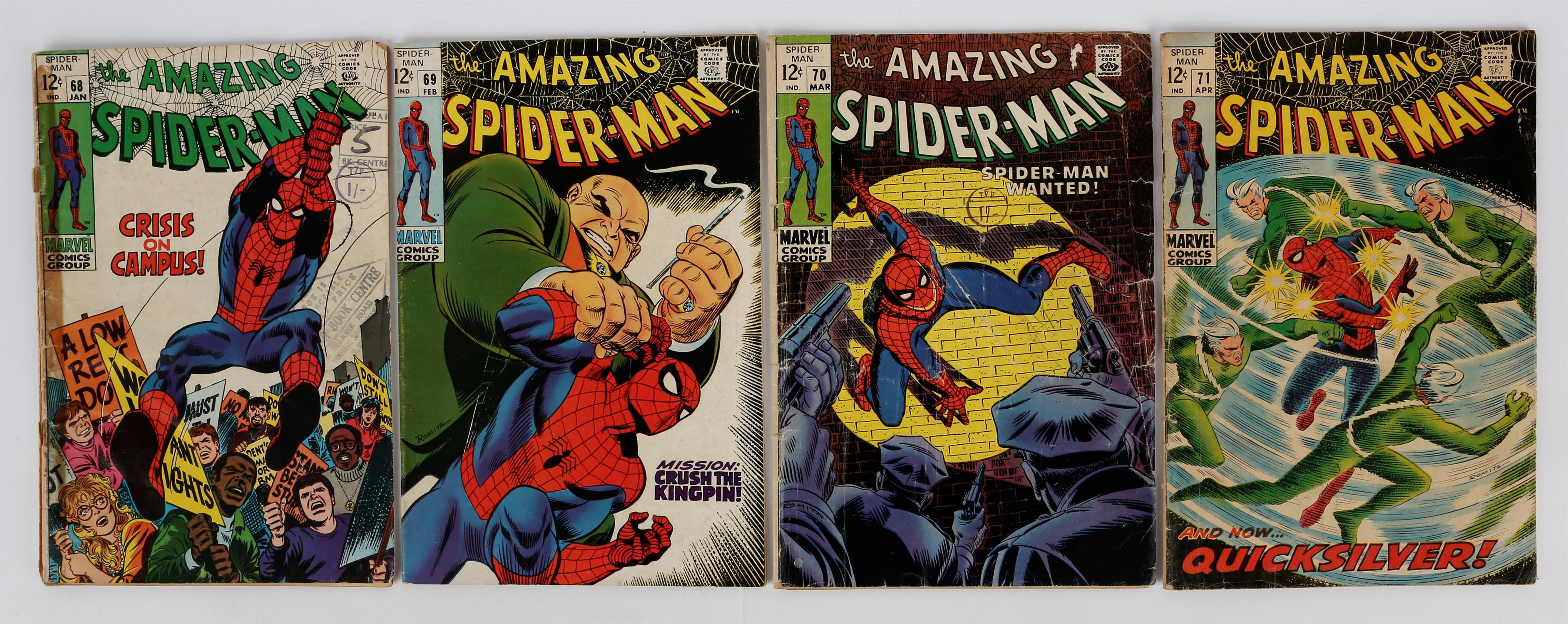 Marvel Comics: A group of the Amazing Spider-Man comics featuring notable issues (1969).