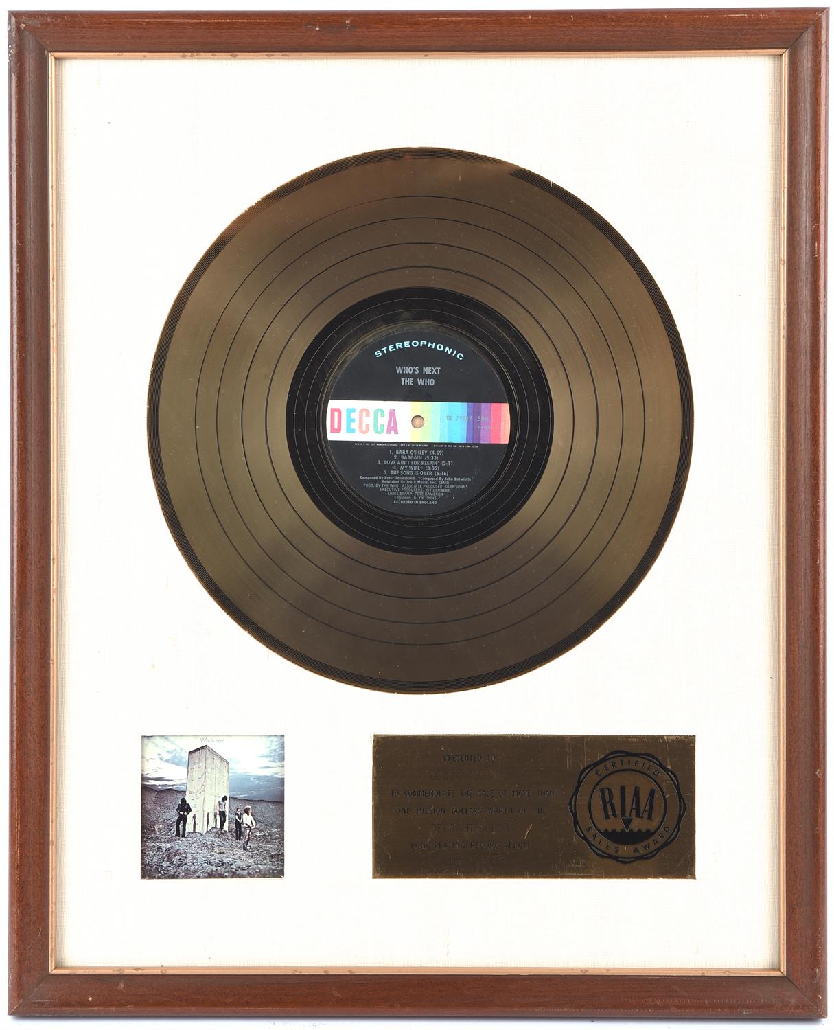 The Who: ‘Who’s Next’, RIAA certified Sales Award Gold disc, presented to Decca Records for sales