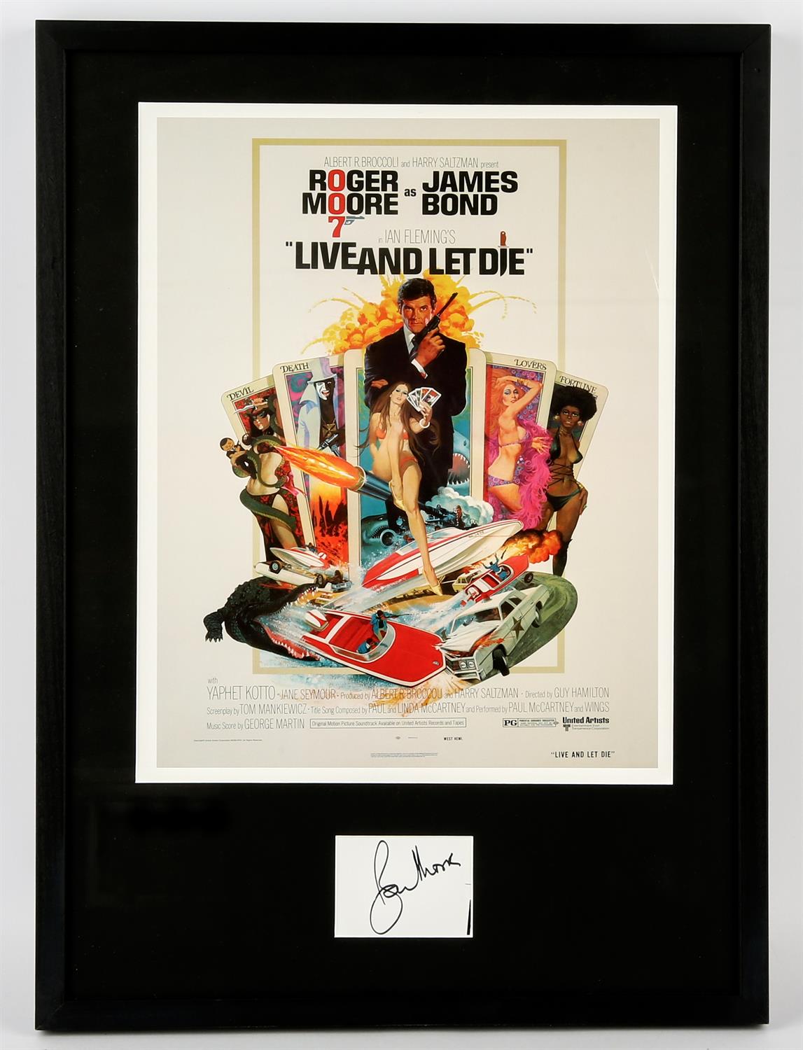 James Bond: Roger Moore Autographed Live and Let Die film poster display, Signed in black pen on an