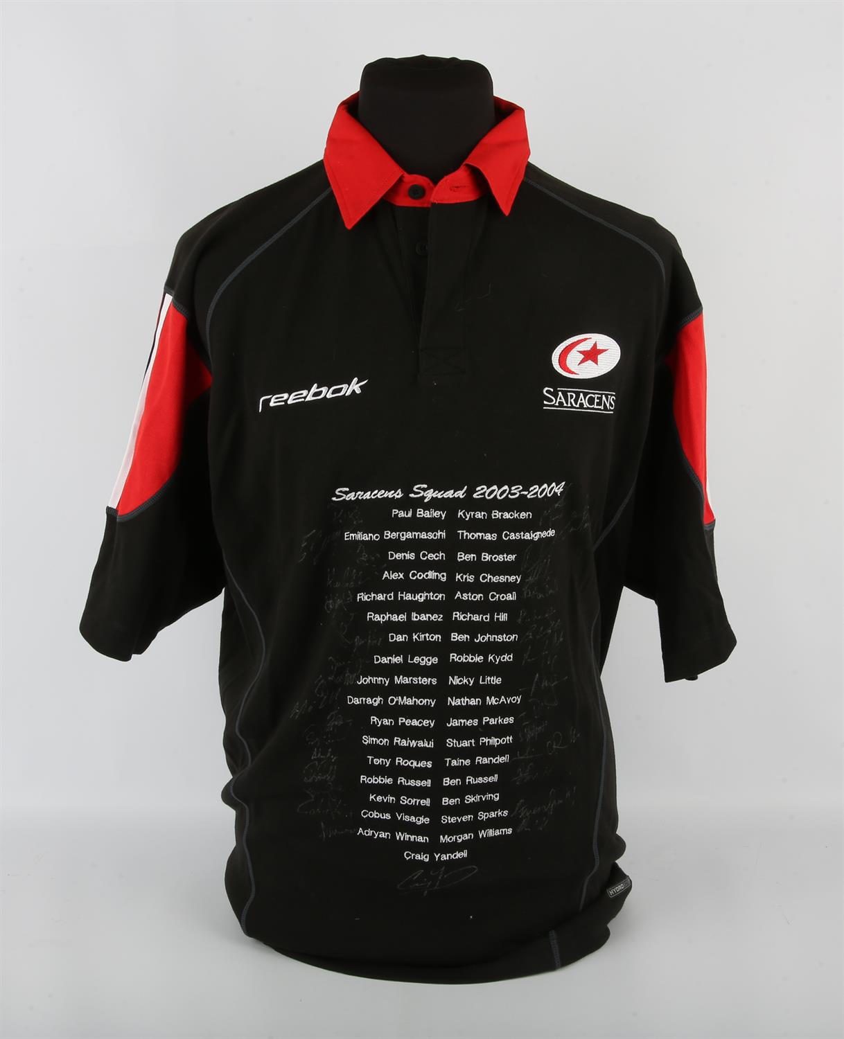 Saracens rugby shirt. 2003 - 2004. Signed by complete squad. Provenance given to Saracens backroom