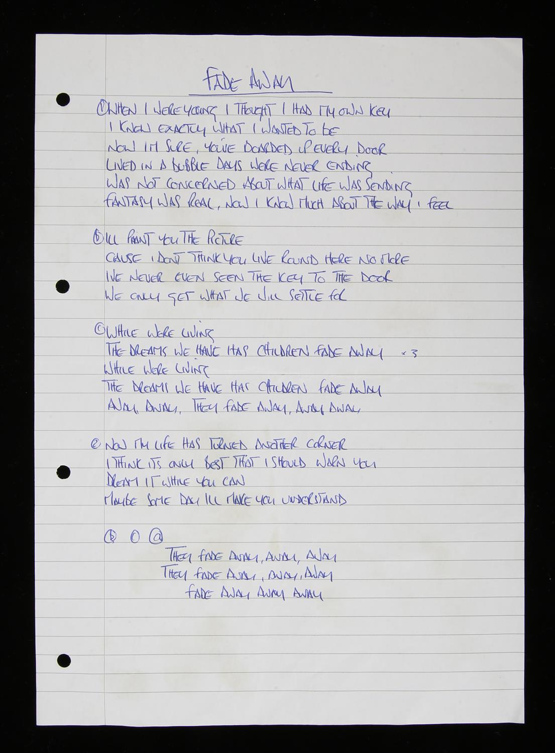 OASIS - "Fade Away" Lyrics Handwritten by Noel Gallagher. "Fade Away" lyrics were not used for