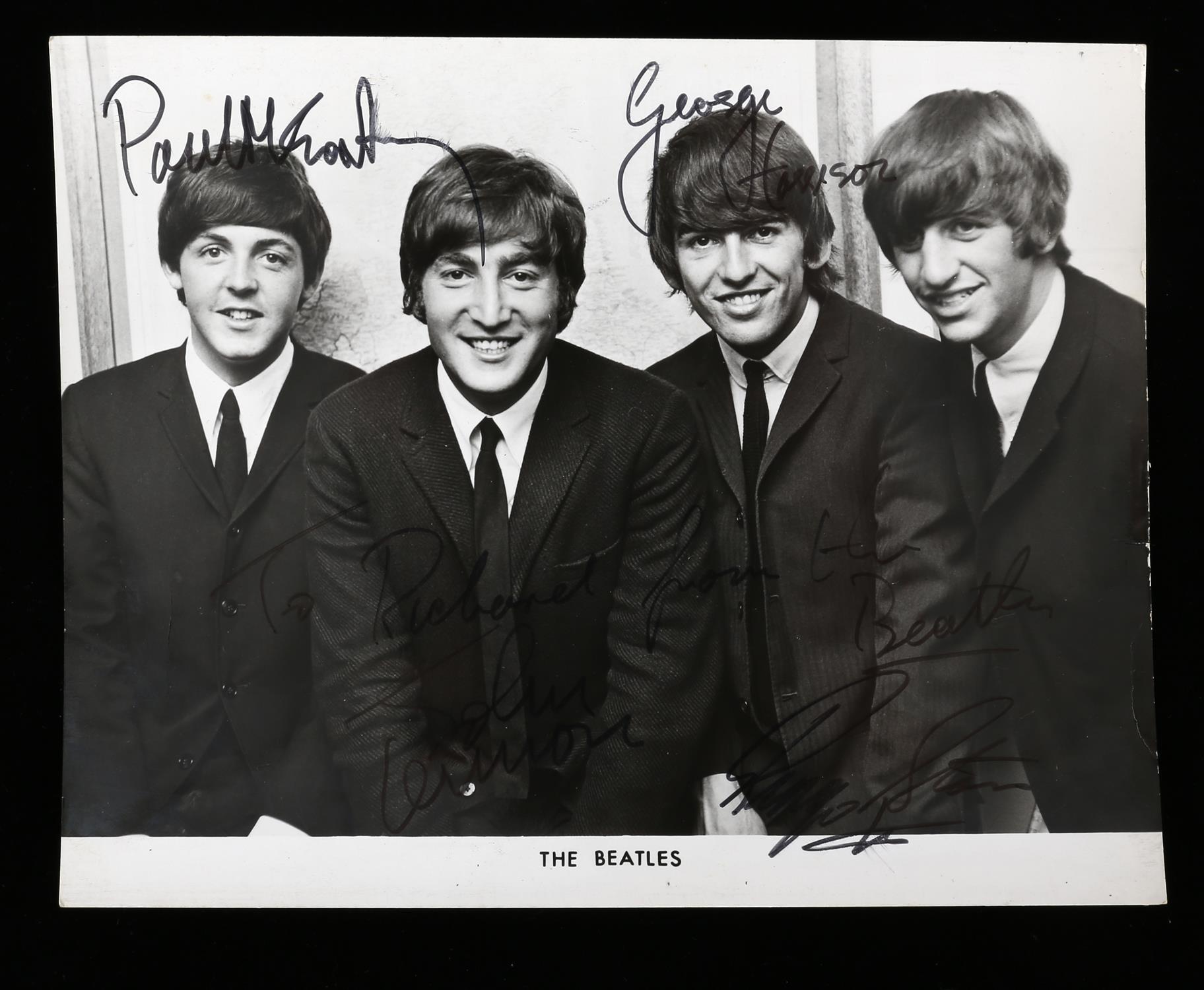 The Beatles - Autographed black and white photograph, Signed by all four and dedicated to Richard, - Image 2 of 2