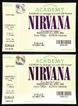 Nirvana - Two Brixton Academy tickets dated Wednesday 6th April 1994, the tickets numbered 00878