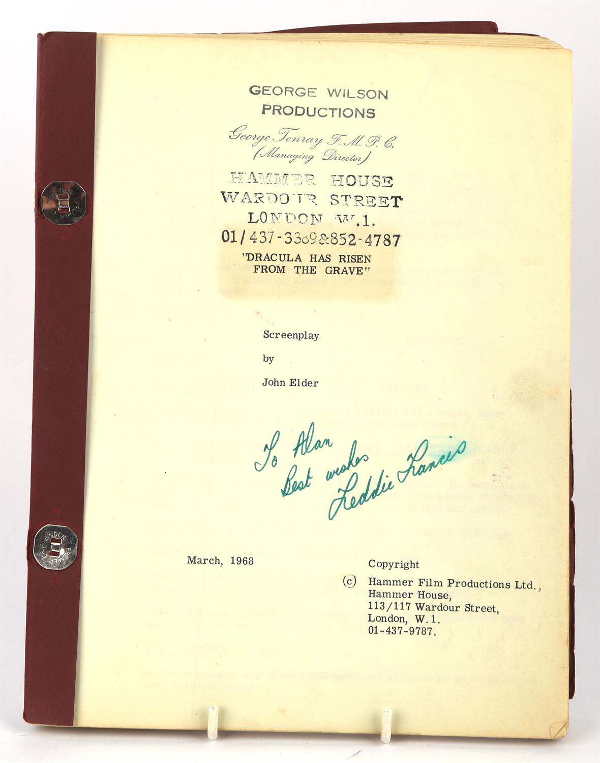 Hammer Film Productions Ltd., Dracula Has Risen from the Grave (1968) Original Script Inscribed by - Image 2 of 2