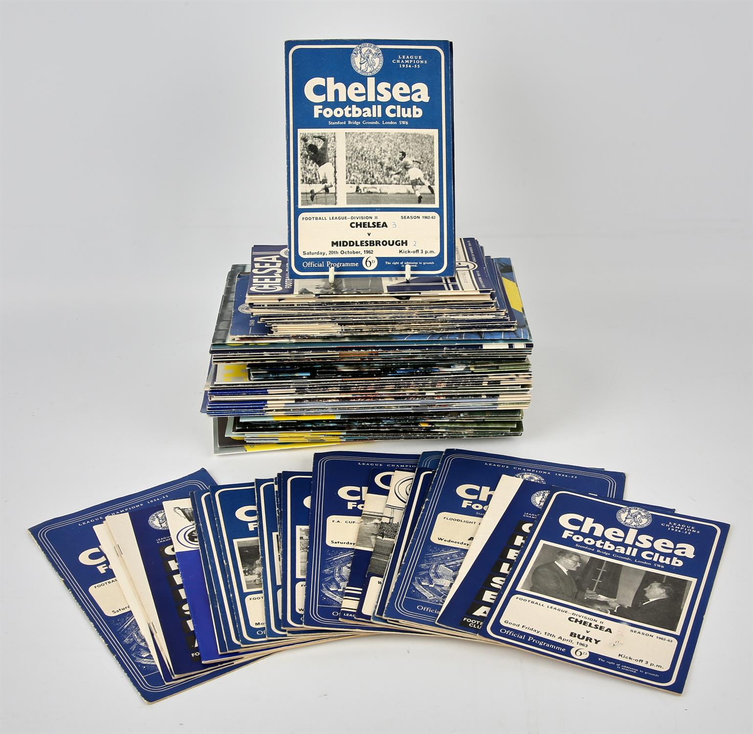 Large collection of 100 plus Chelsea FC football match day programmes, mainly from 1960s - 1980s.