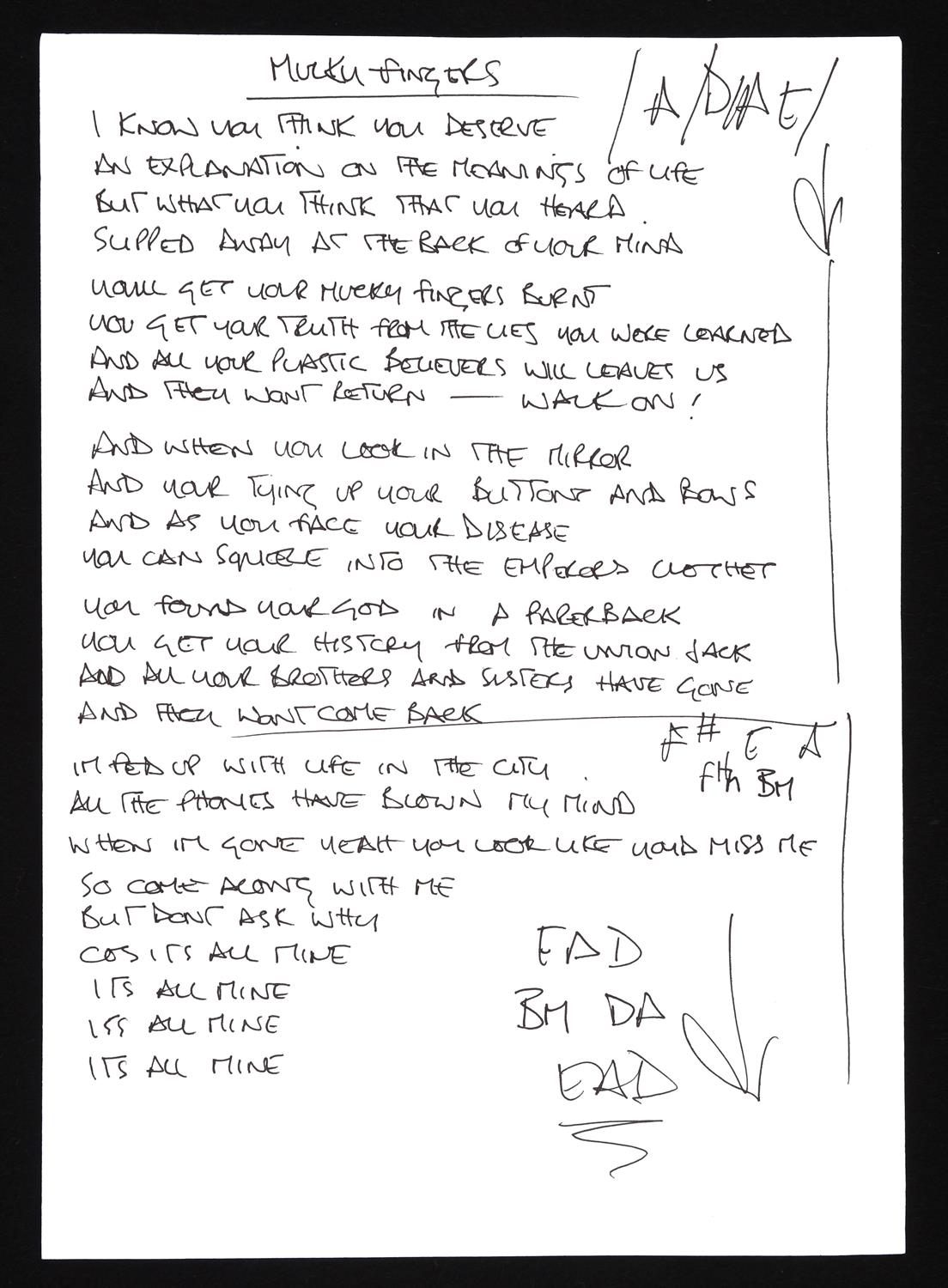 OASIS – “Mucky Fingers” Lyrics Handwritten by Noel Gallagher – “Mucky Fingers” lyrics were not used