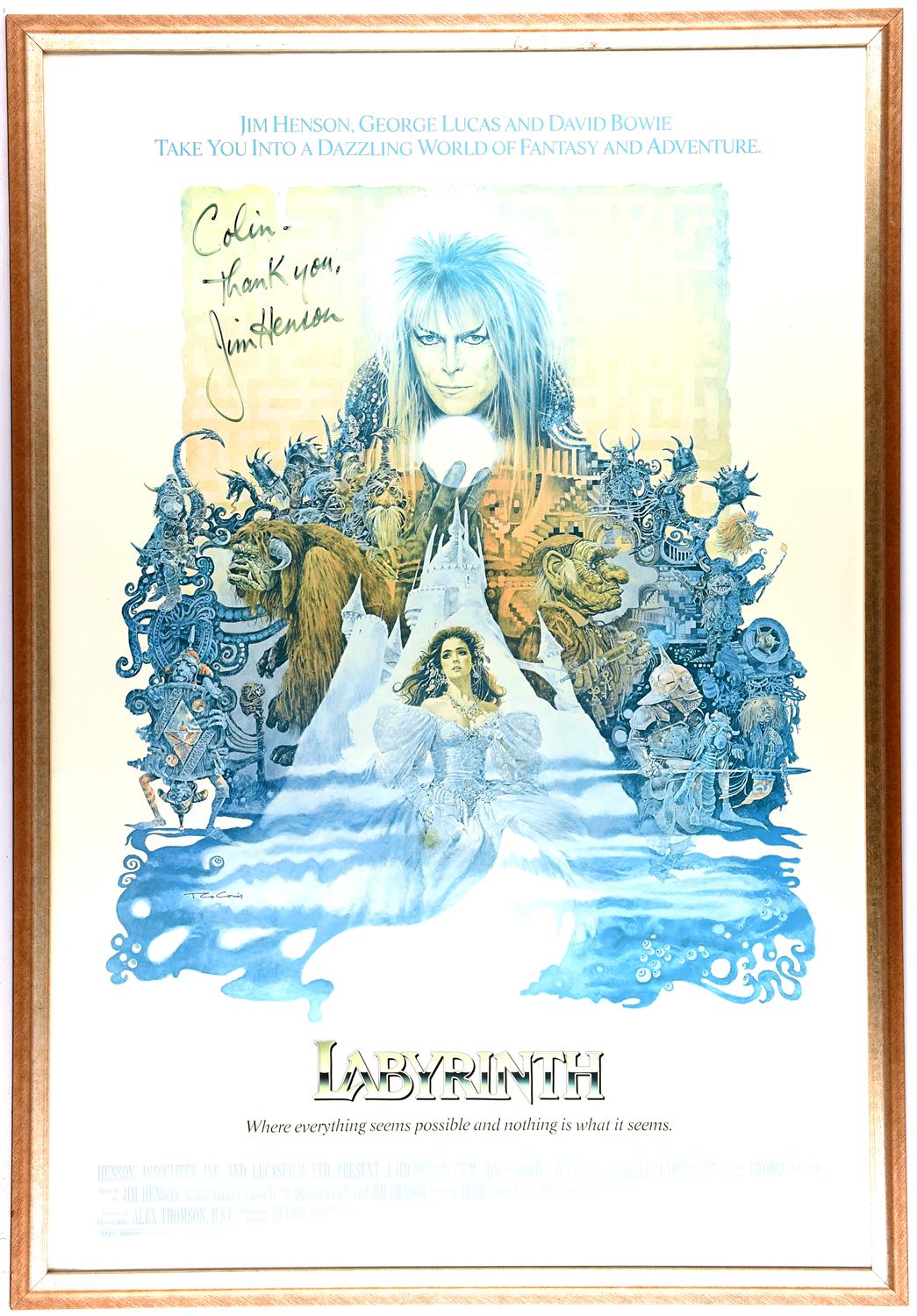 Labyrinth (1986). Jim Henson autographed crew- gift US One Sheet film poster, signed top left by