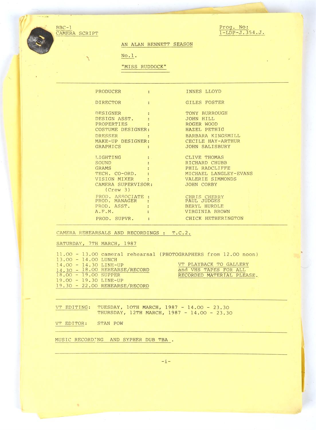 The Alan Bennett Season: [Talking Heads BBC TV series, 1988]. Two Original Camera Scripts for - Image 2 of 3