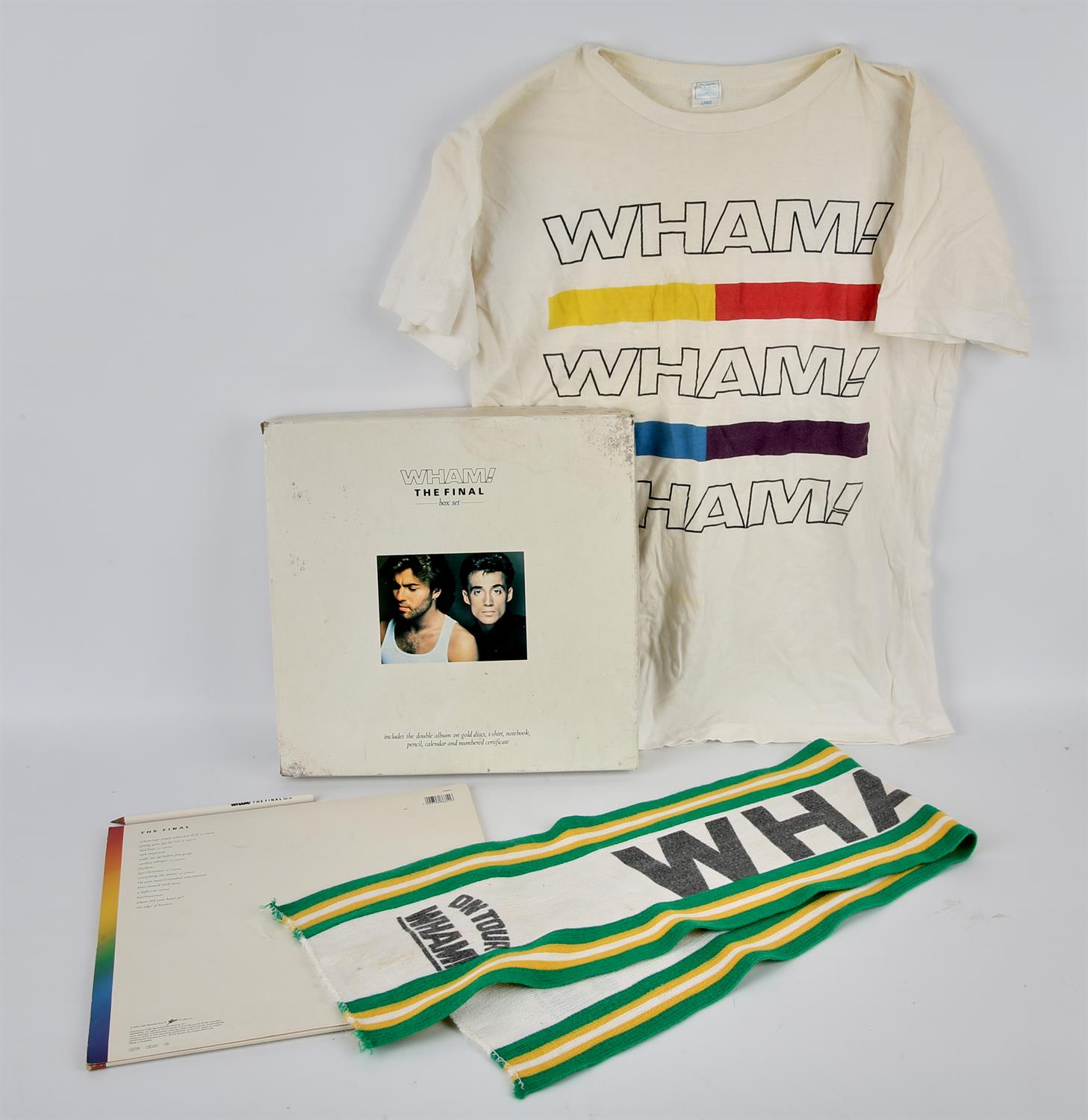 WHAM! The Final Box set comprising records, T Shirt, Scarf, Notepad, Pencil Calendar.