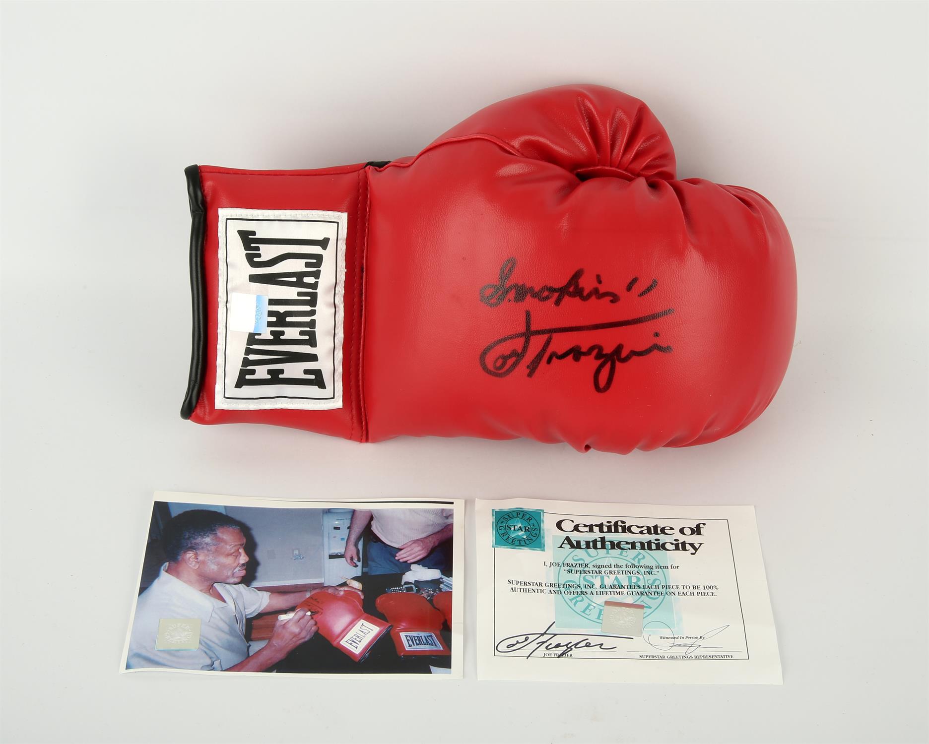 Joe Frazier - Signed Smokin' Everlast Boxing Glove, 10 oz, with Superstar Greetings Hologram and