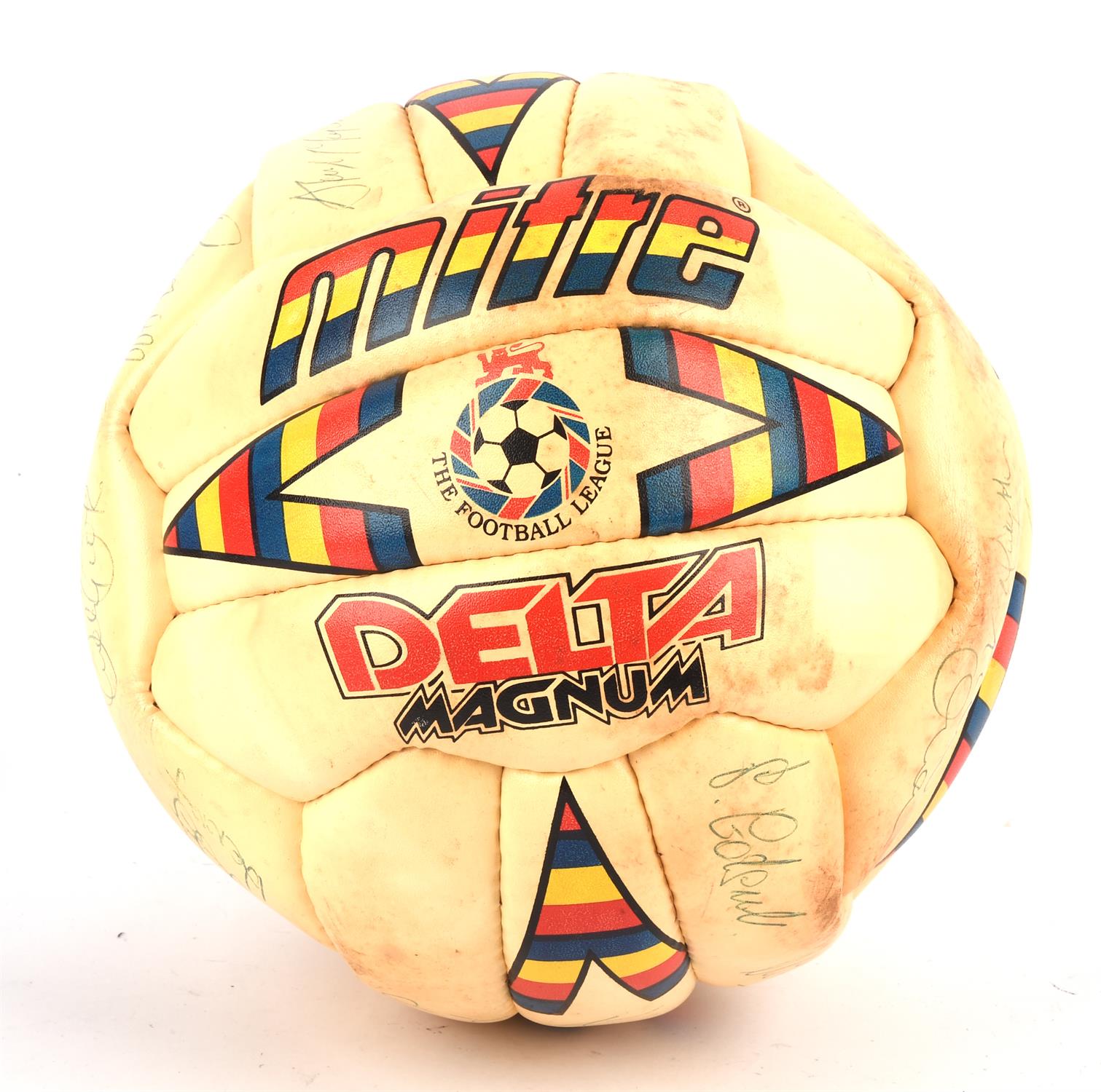 Football with various signatures / autographs. The ball is a Mitre Delta Magnum circa early 1990s.