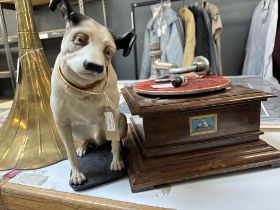 Mickyphone gramophone with brass sound horn and 8 x 78 records plus HMV Nipper the dog resin