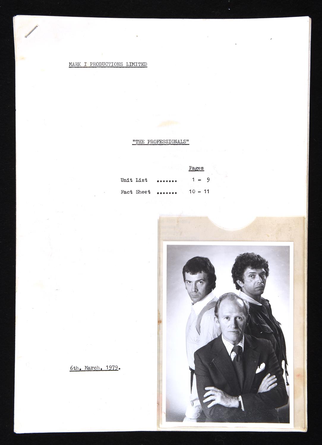 Ci5 The Professionals - Production crew call sheet from 6th March 1979, plus a promotional