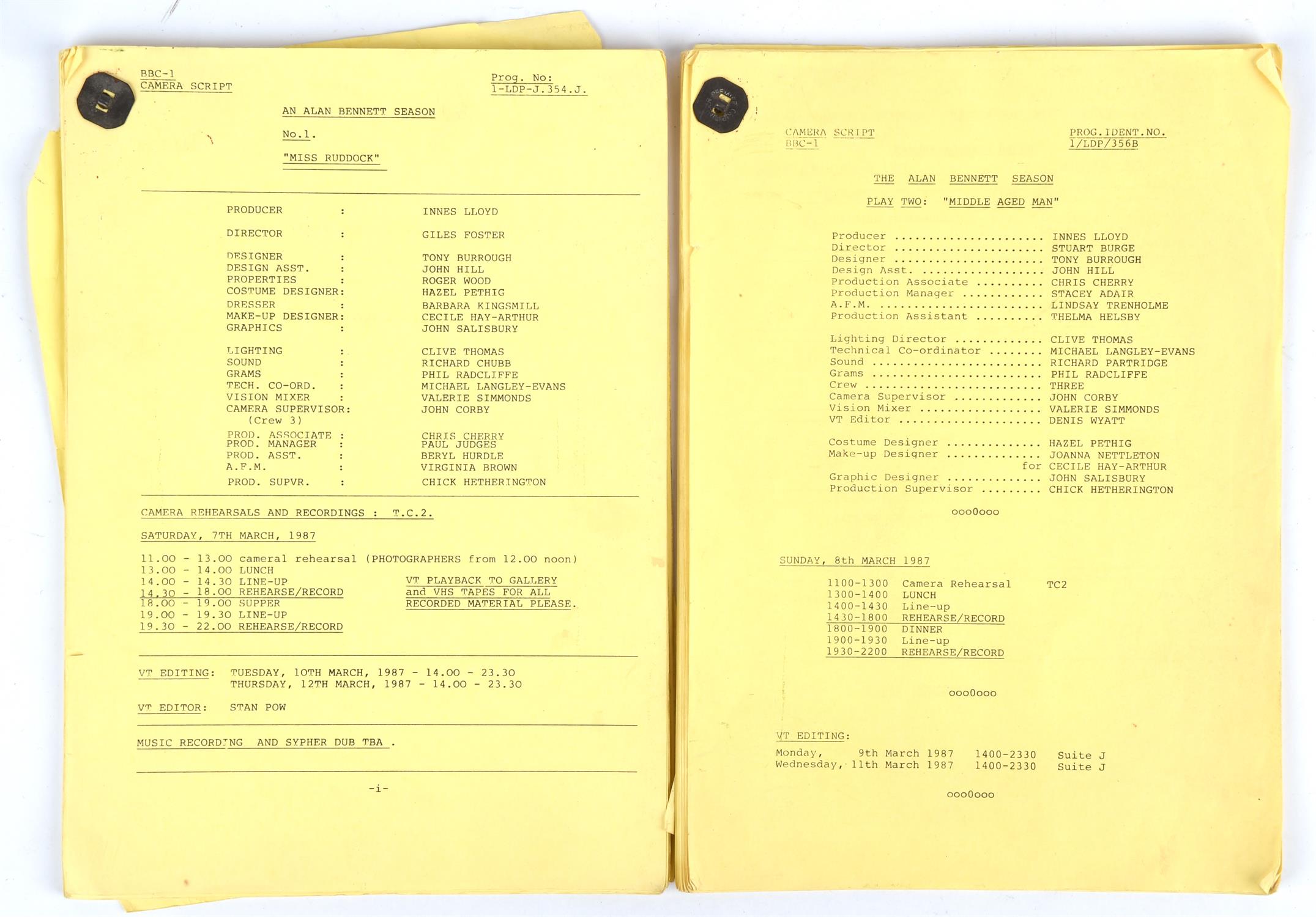 The Alan Bennett Season: [Talking Heads BBC TV series, 1988]. Two Original Camera Scripts for