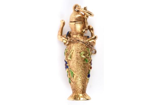 Gold scent bottle pendant, with enamel detail, in the form of a floral urn and standing lady, - Image 3 of 4