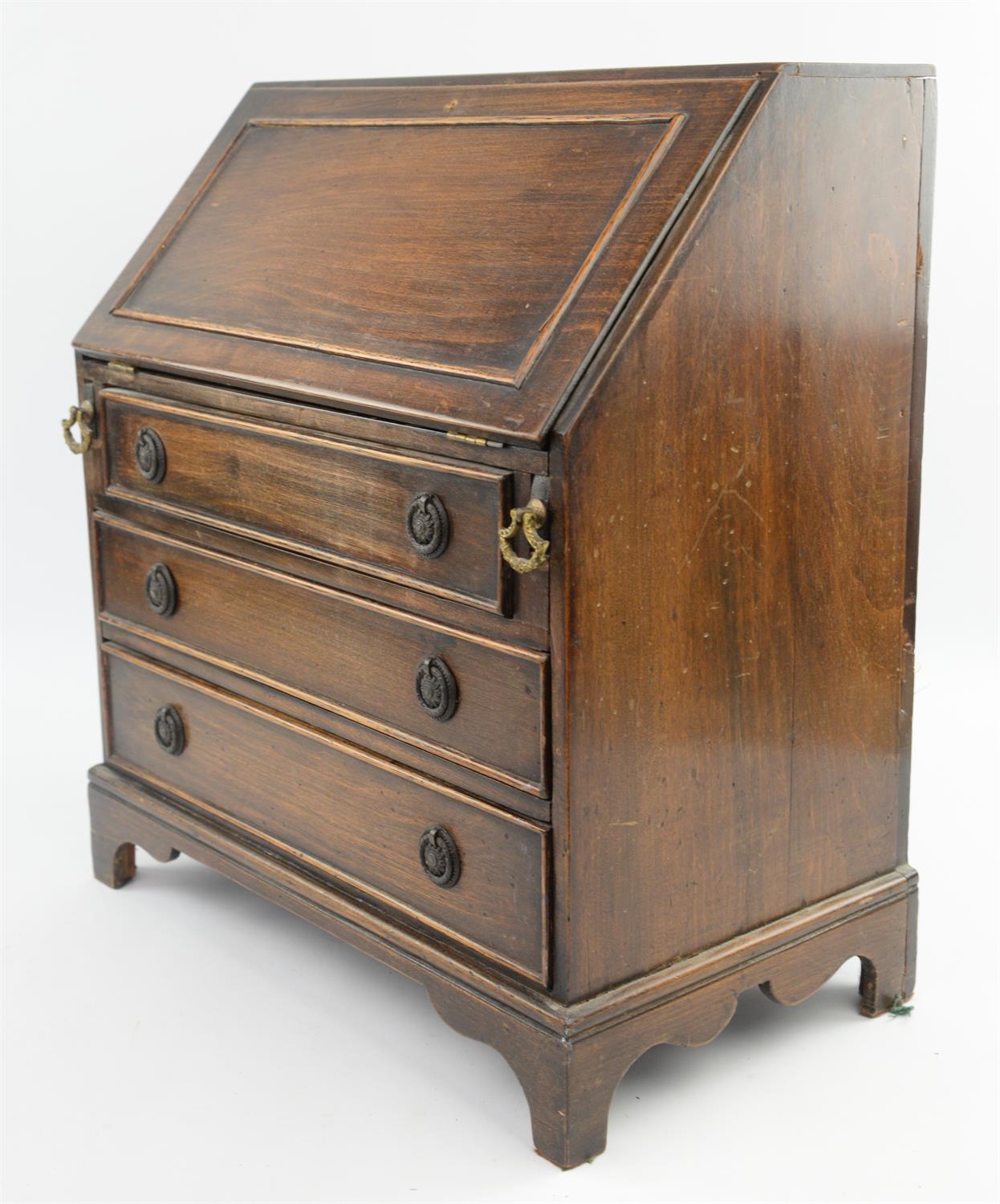 A George III style stained beechwood miniature bureau, with interior with pigeonholes, H 47cm, - Image 5 of 6