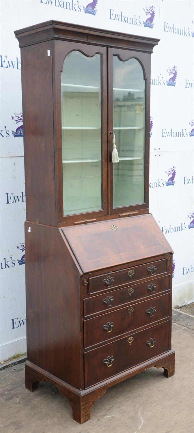 A George I style walnut and feather banded bureau bookcase, 1920s/30s, the top with bevelled - Image 5 of 6