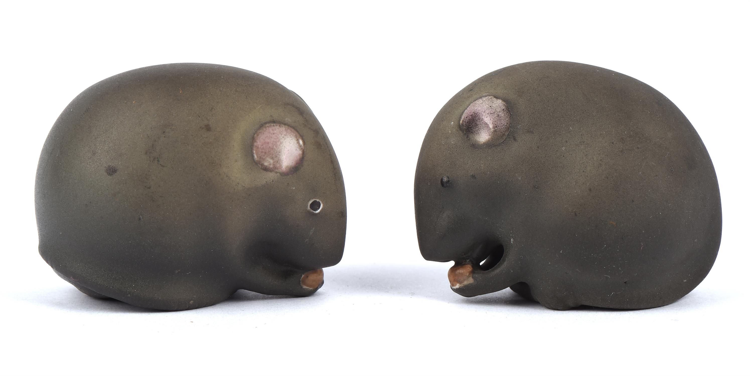 Two Royal Worcester matte grey models of mice from the 'Netsuke Animal' series, one with date code