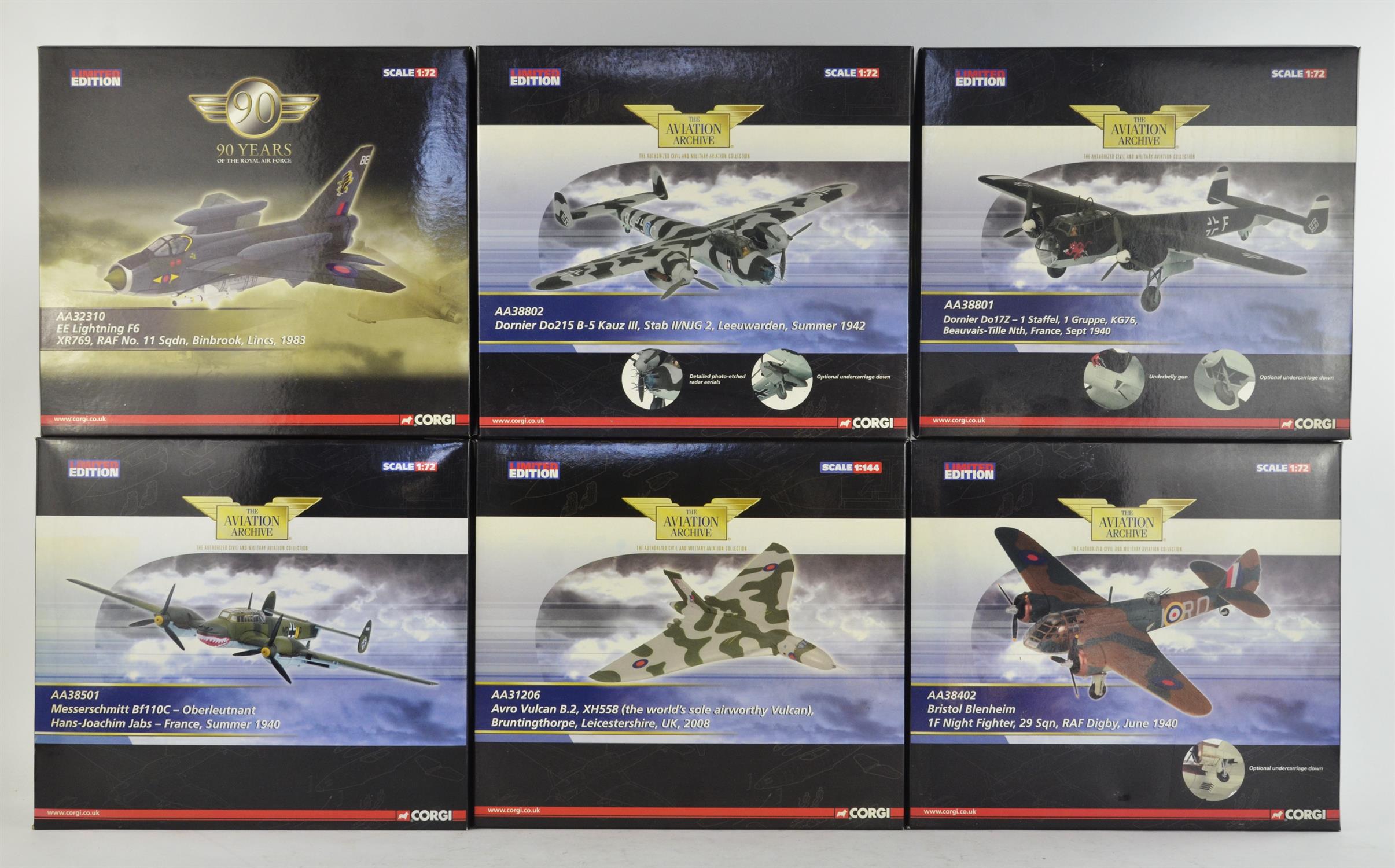 Six Corgi 1:72 scale, 'Aviation Archive' die-cast models, comprising ; Bristol Blenheim 1F Night